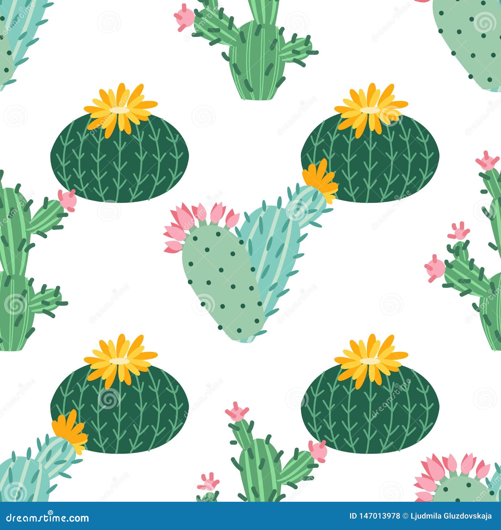 Cactus Flower Bright Cacti Aloe Leaves Exotic Cactuses Plants Succulent Summer Desert Tropical Flora Cartoon Seamless Pattern Illustration De Vecteur Illustration Du Flora Tropical 147013978
