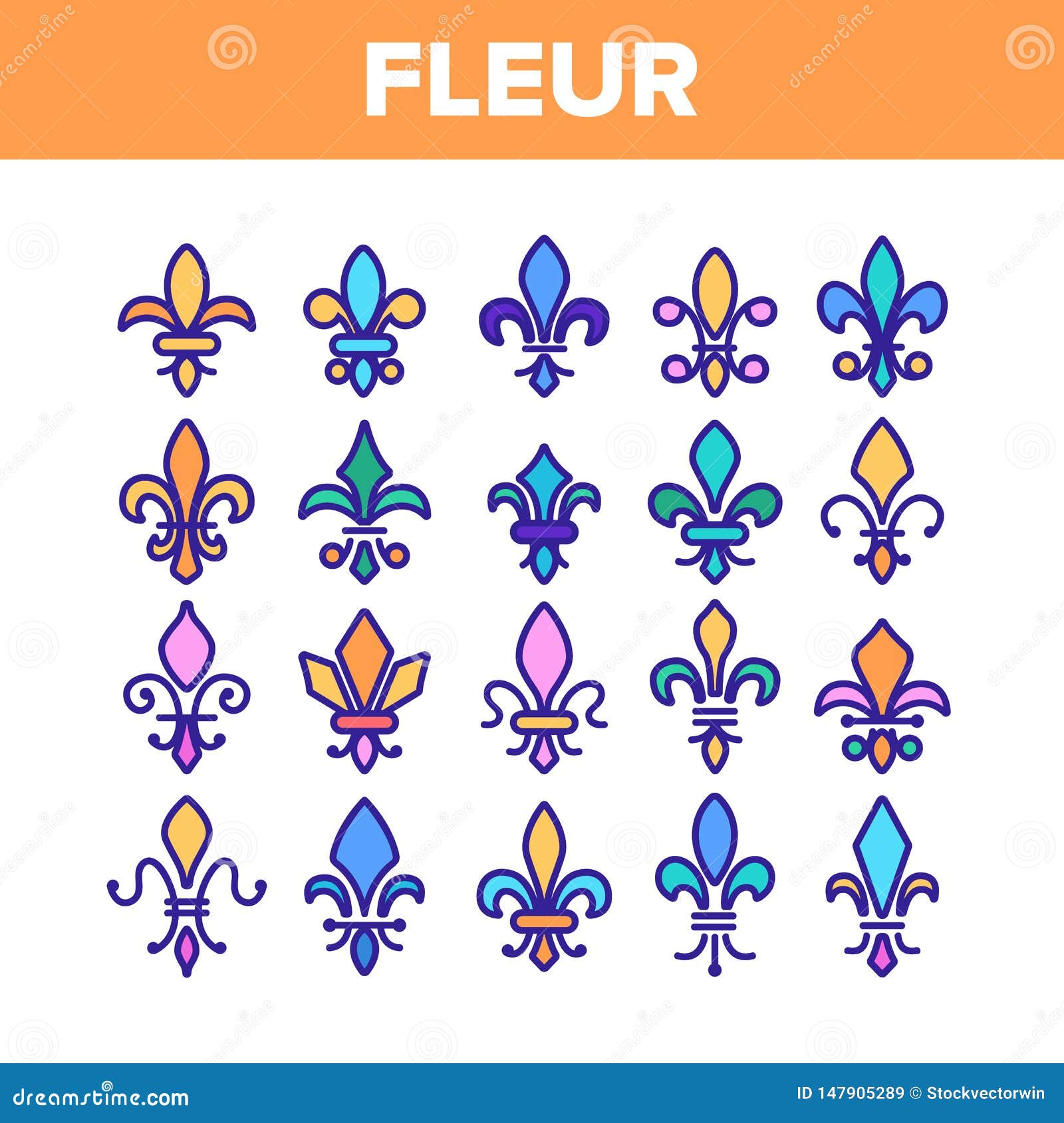Fleur De Lys, Royalty Linear Vector Icons Set Stock Vector ...