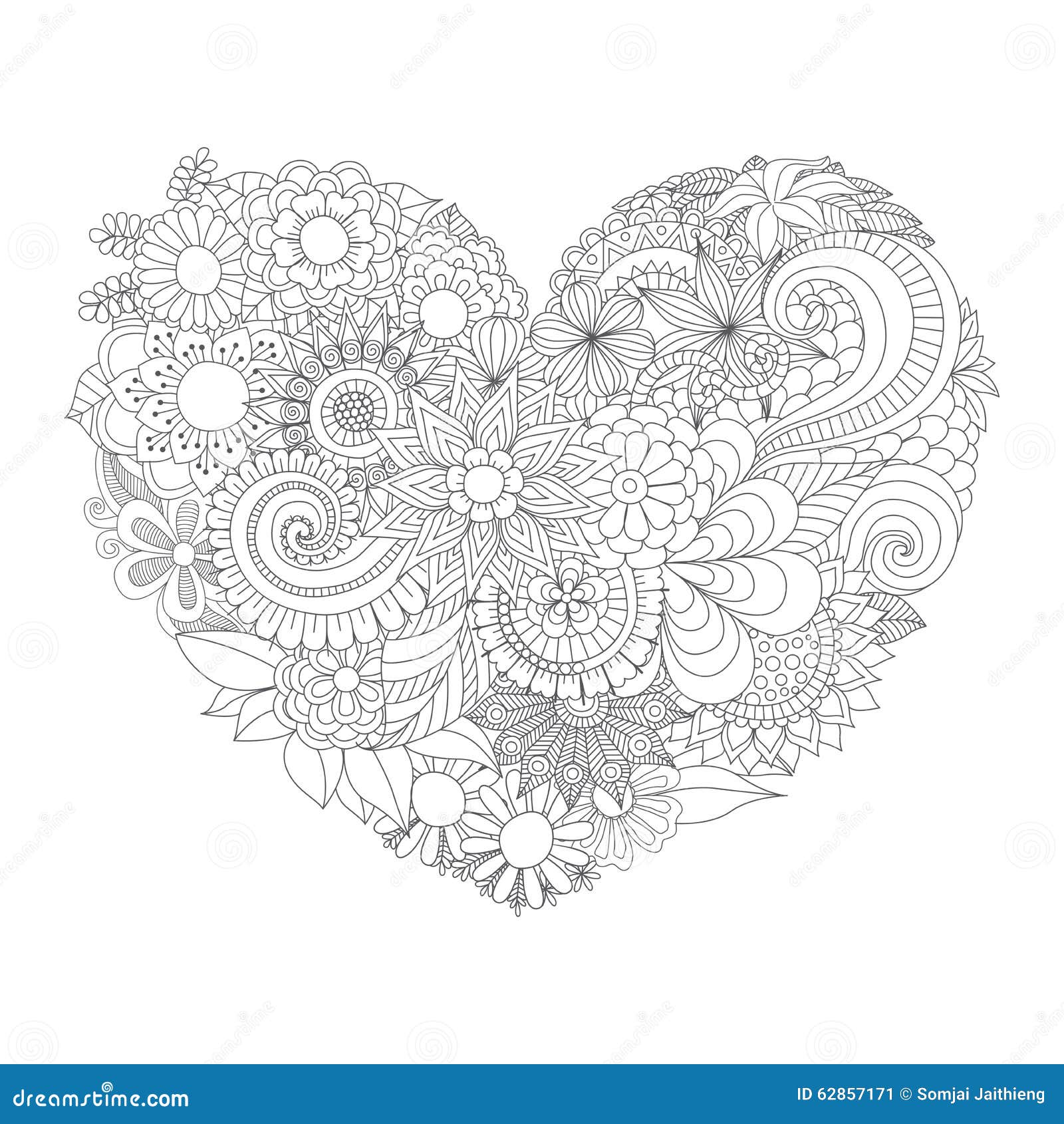 Fleurs dans le mod¨le de forme de coeur pour livre de coloriage Image stock