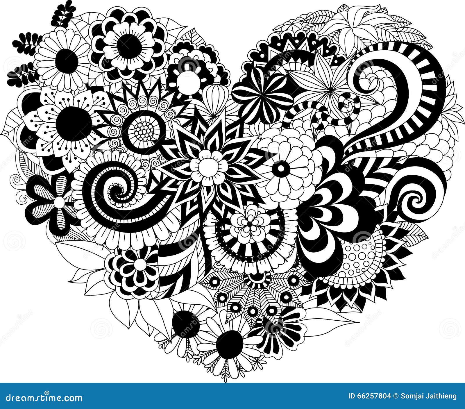 Fleurs dans le mod¨le de forme de coeur pour livre de coloriage stock