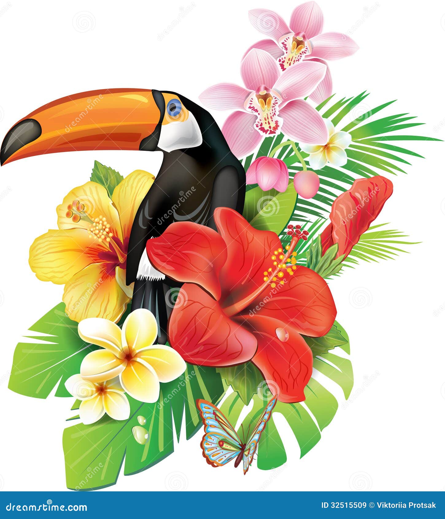 Fleurs et toucan tropicaux illustration de vecteur. Illustration du cheminée - 32515509