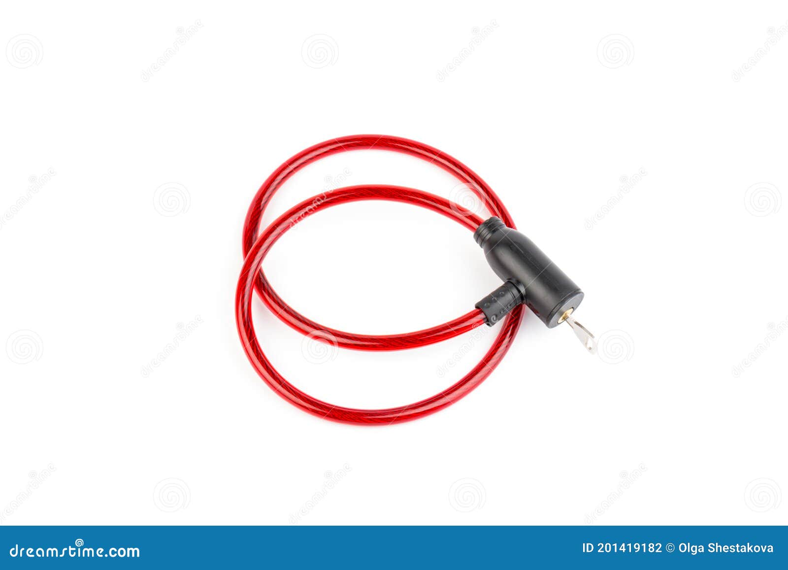 Flexible Red Bicycle Cable with Key on White Background. Security and