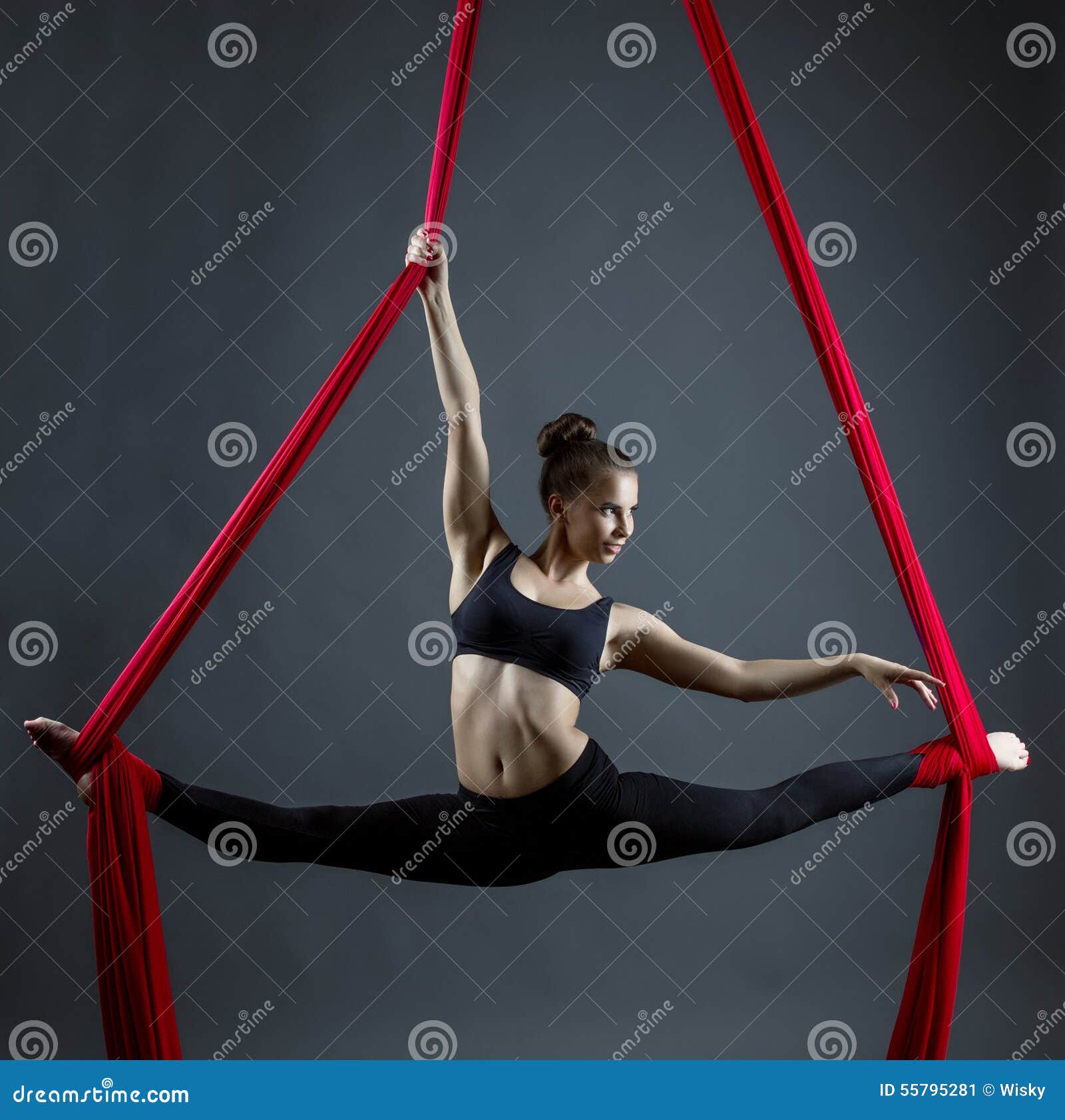 Flexible Young Woman Dancing Using Hanging Ribbons Stock Image Image