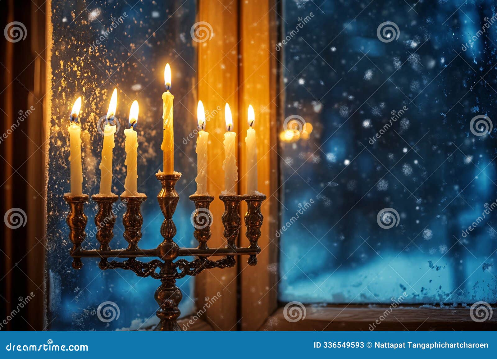 flickering candles in a menorah are placed by a window, with a snowy night sky beyond, filling the room, generated ai