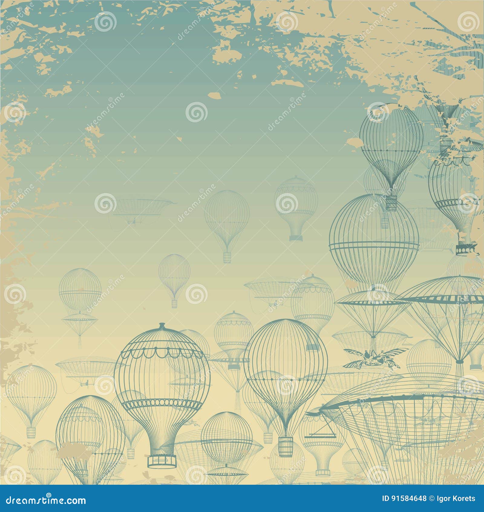 flight aeronautics . vintage hot air balloons floating in the sky. grunge background. monochrome in shades of blue.