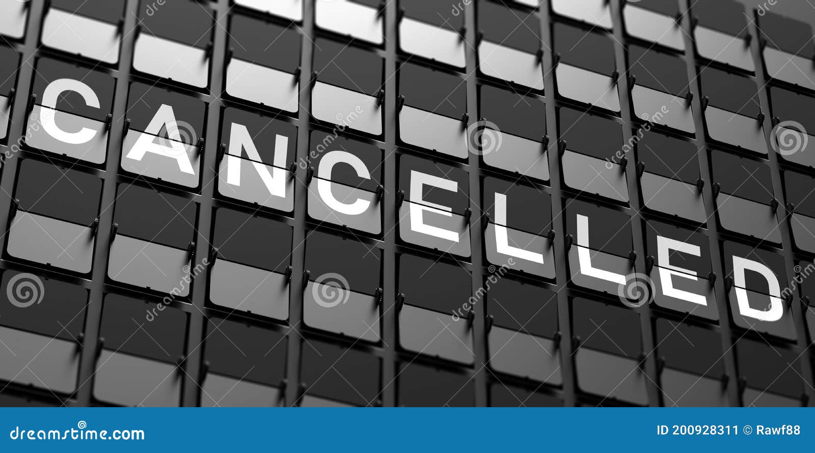 flight cancelled text. split flap airport white letters on display, black background. 3d 
