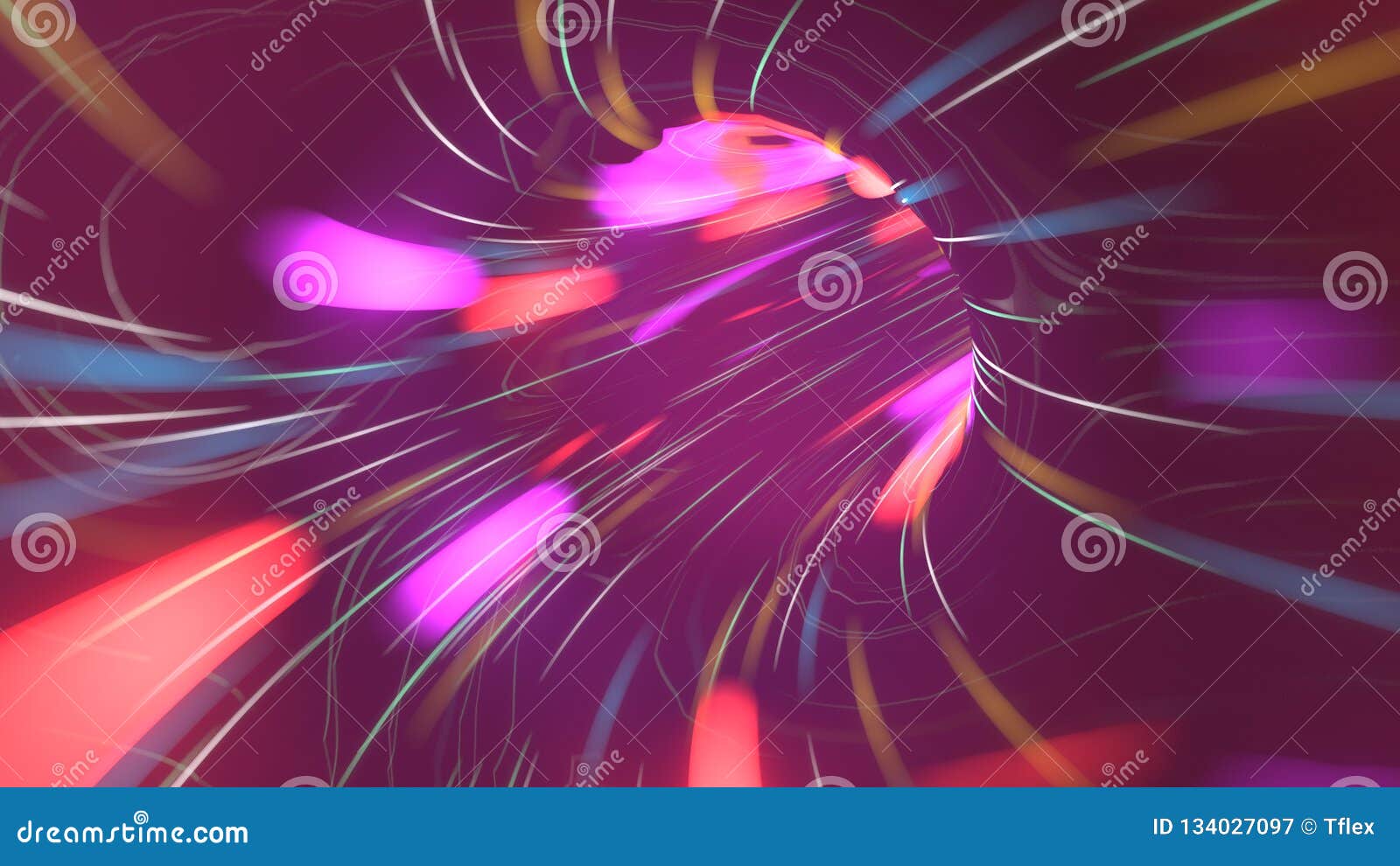 flight over neon light tunnel. cyberspace wormhole sci fi space travel. 3d render motion  of spaceship warp flight
