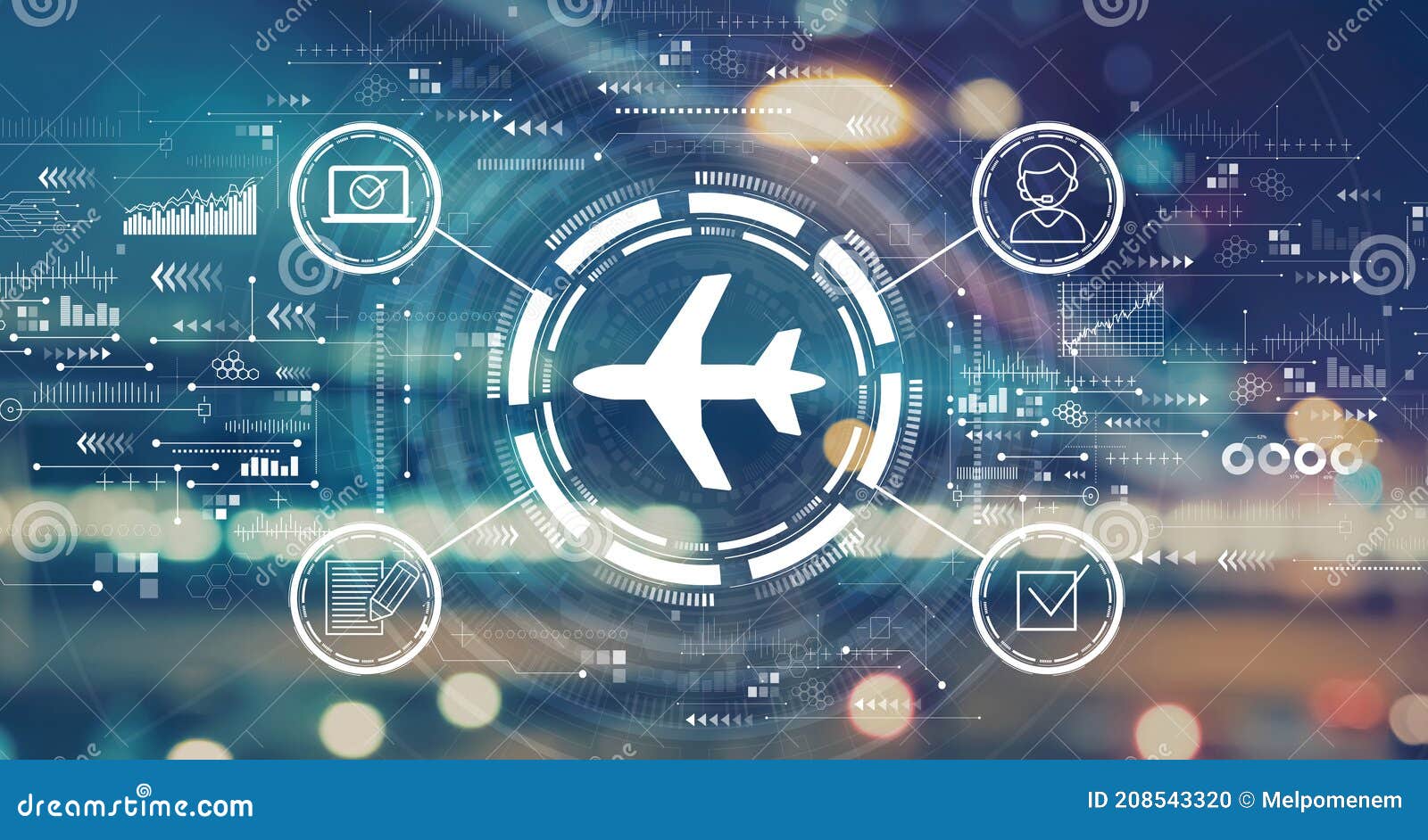 Flight Ticket Booking Concept with Blurred City Lights Stock Photo