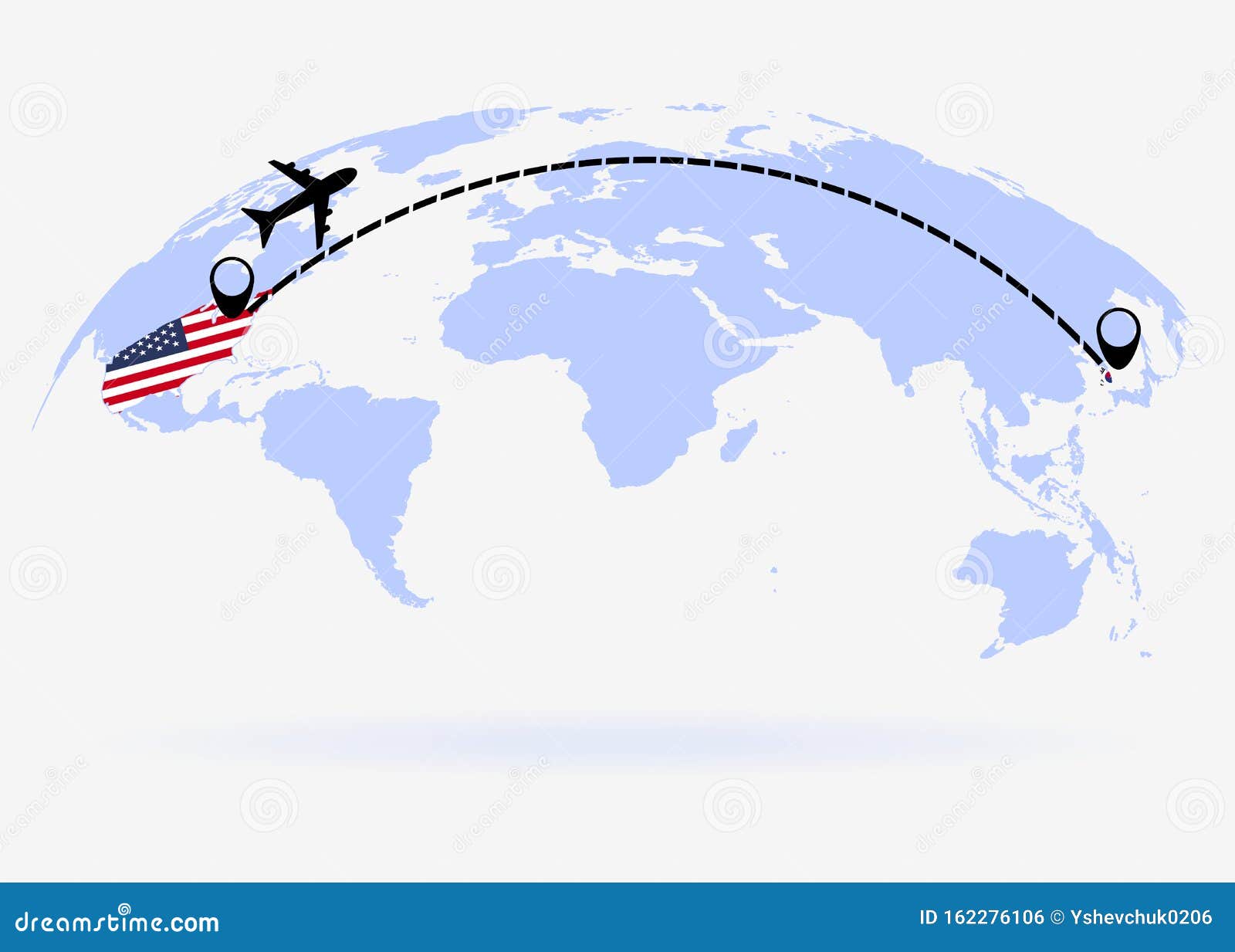 Flight from USA To South Korea World Arrives To South Korea. the World Map. Airplane Line Path Stock Vector - Illustration of point, korea: 162276106