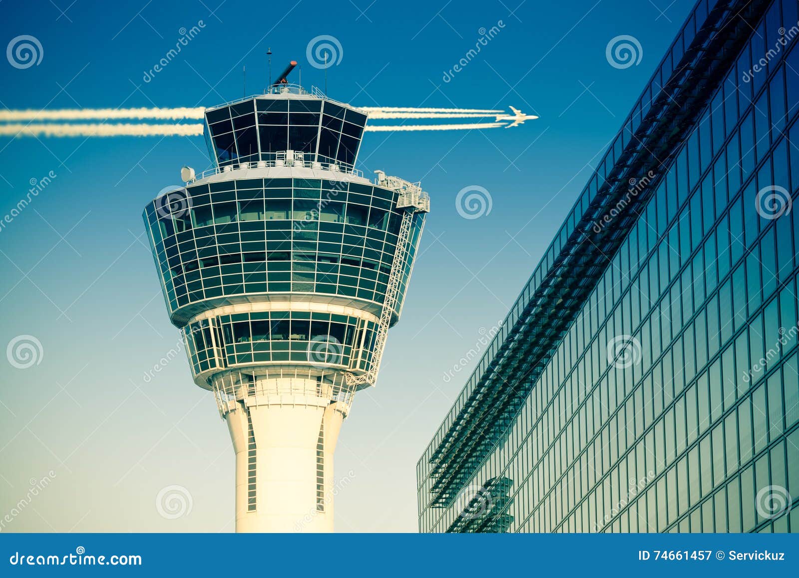 flights management air control tower passenger terminal and flying plane