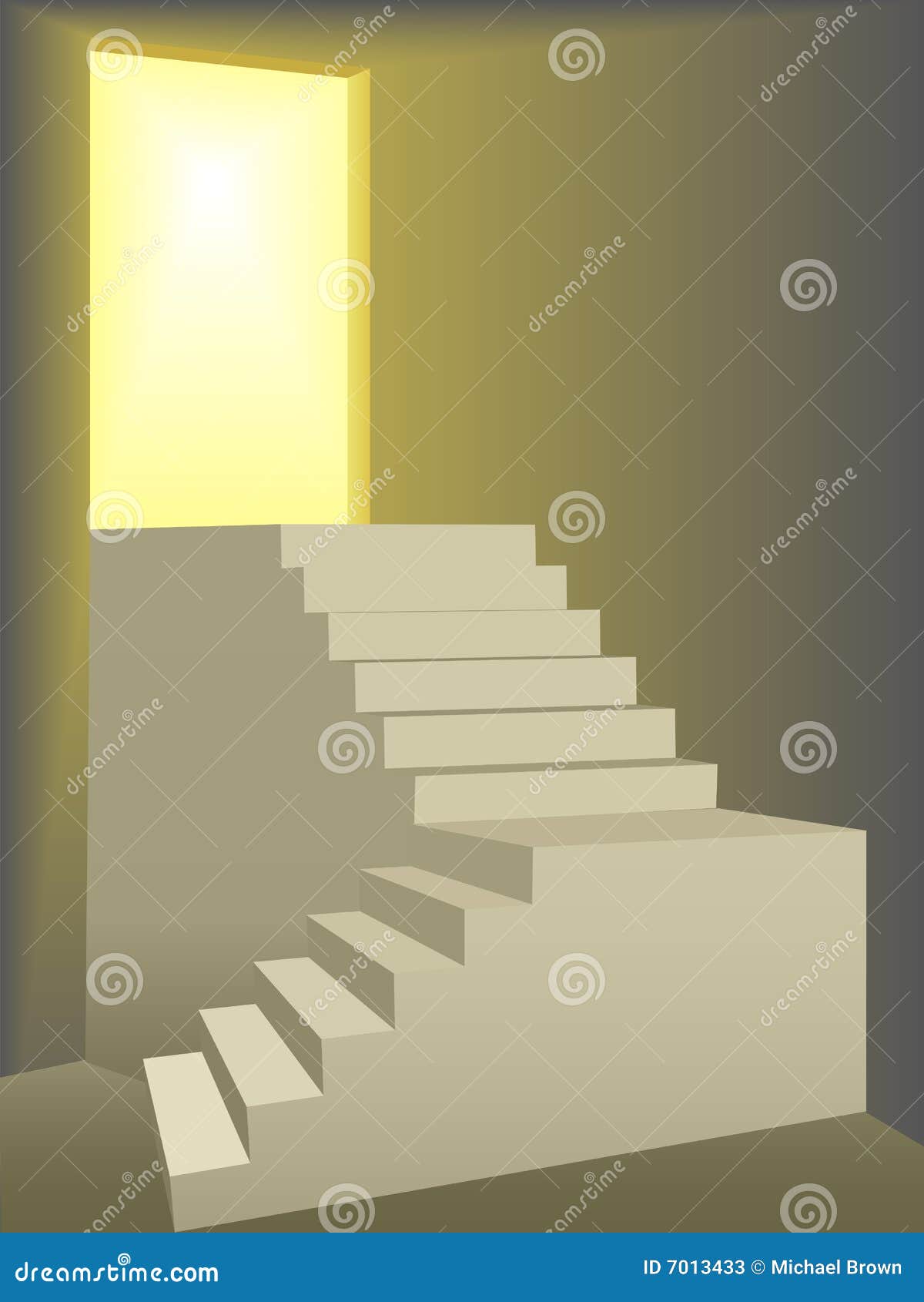 flights of stairs up to a bright sun lit door