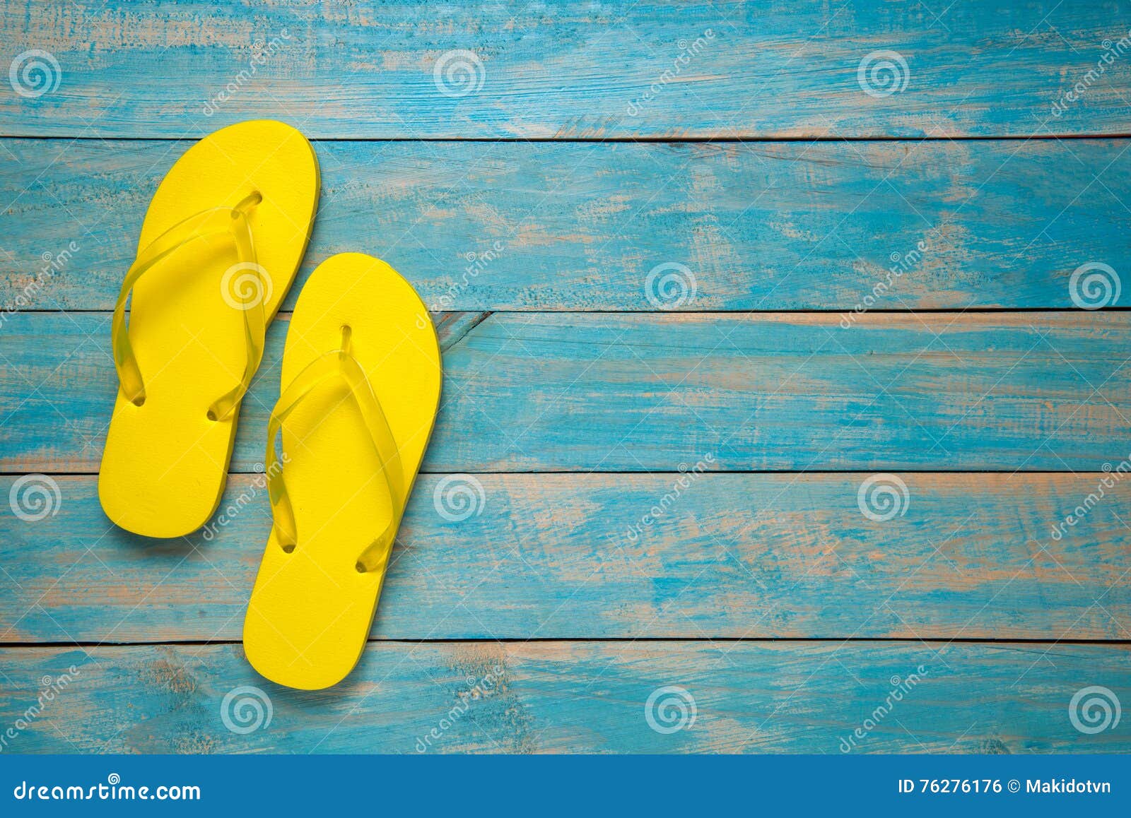 Flip-flop, Sandal, Summer. Yellow Flip Flop Sandals on Blue Wood Stock ...