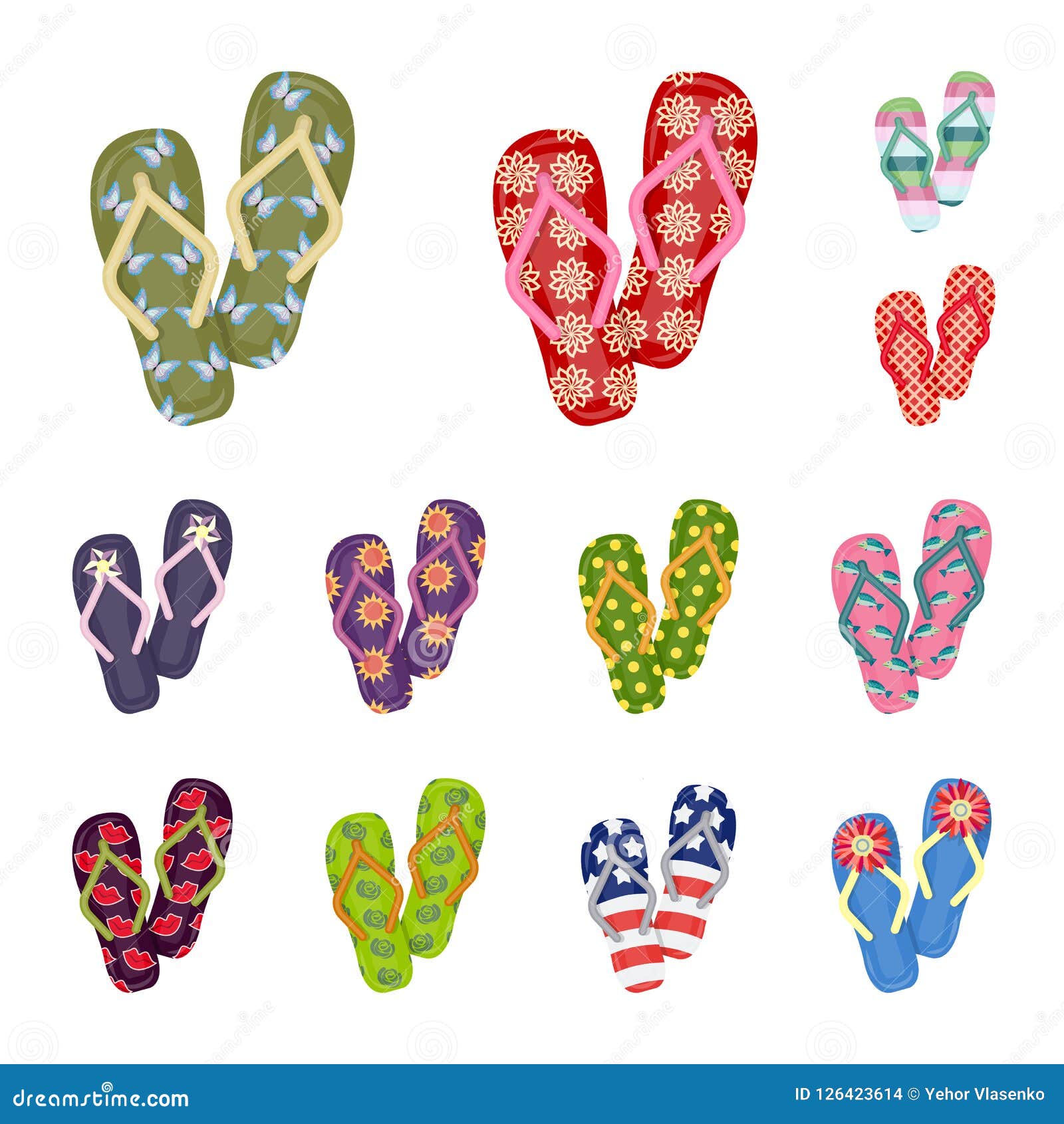 Flip-flops Cartoon Icons in Set Collection for Design. Beach Shoes ...