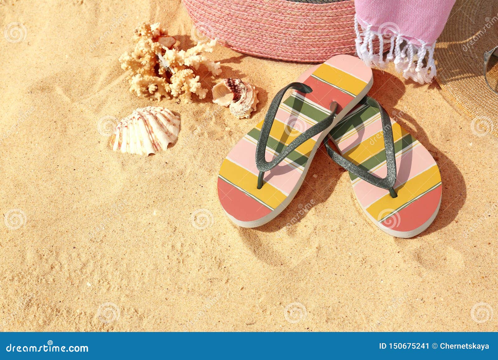 Flip Flops and Other Beach Accessories on Sand, Above View Stock Image ...