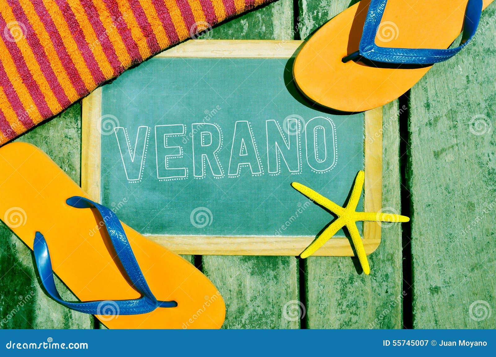 flip-flops, starfish and chalkboard with the word verano, summer