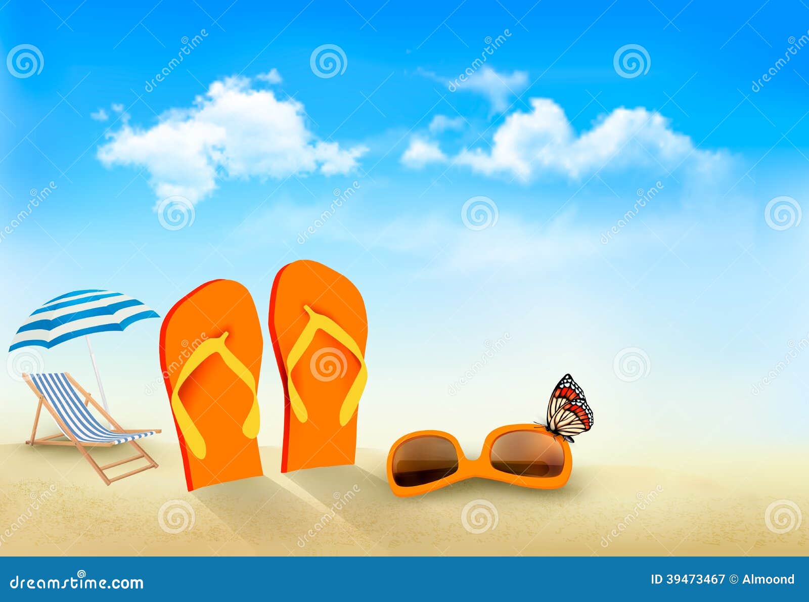 Flip Flops, Sunglasses, Beach Chair and a Butterfl Stock Vector ...