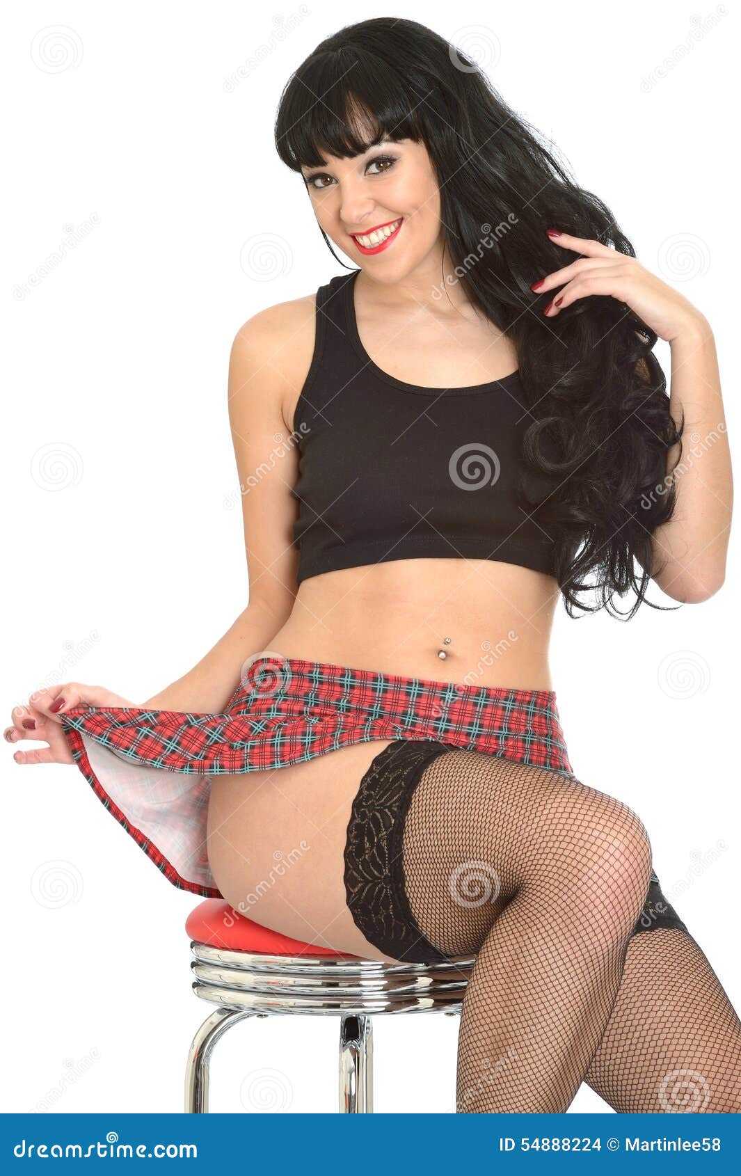 Flirtatious Glamorous Young Classic Pin Up Model In Fishnet Stockings