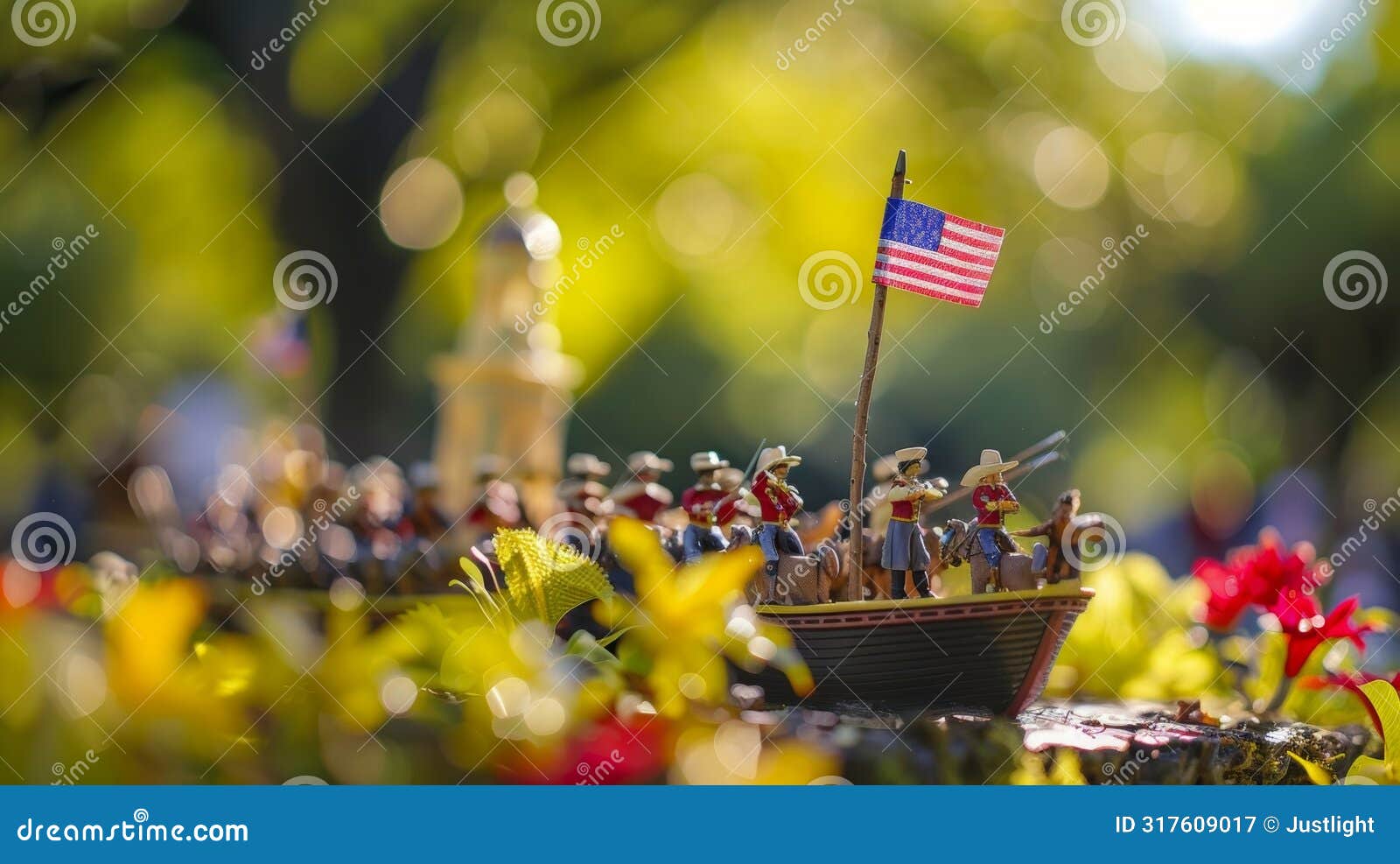 a float carrying a replica of the san jacinto monument commemorating the decisive battle in texas fight for independence