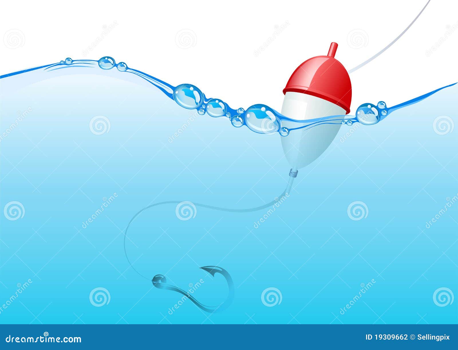 Float, Fishing Line and Hook Underwater Stock Vector