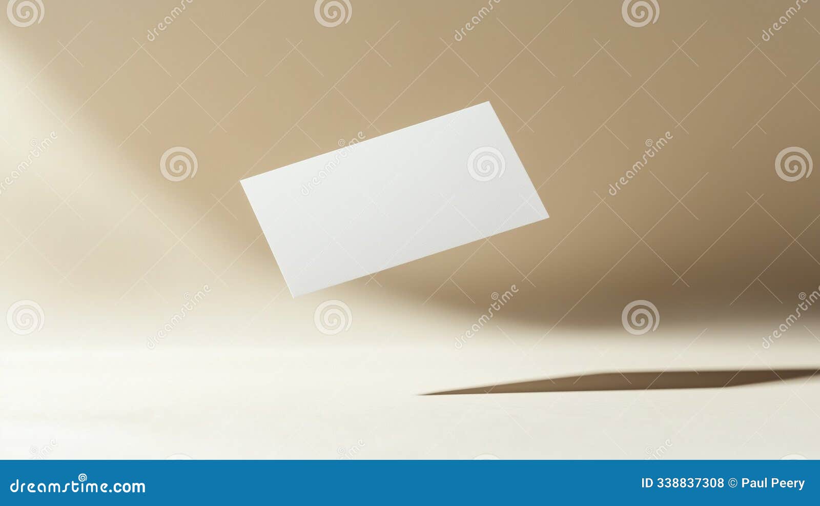 floating blank business card on minimal beige background with soft shadows