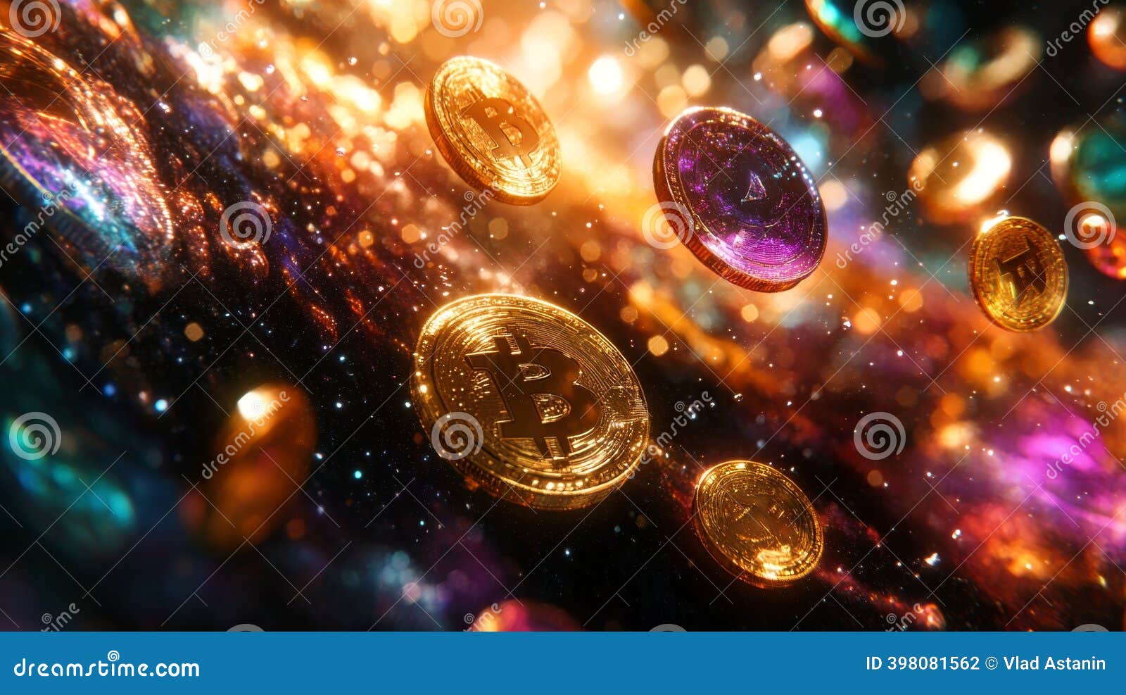 Floating Cryptocurrency Coins in Vibrant Cosmic Space with Glowing Effects.  Stock Photo - Image of technology, network: 398081562