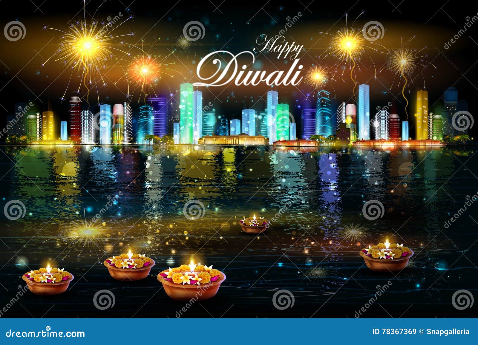 Floating Diya with Flower for Happy Diwali Background Stock Vector -  Illustration of decoration, greeting: 78367369