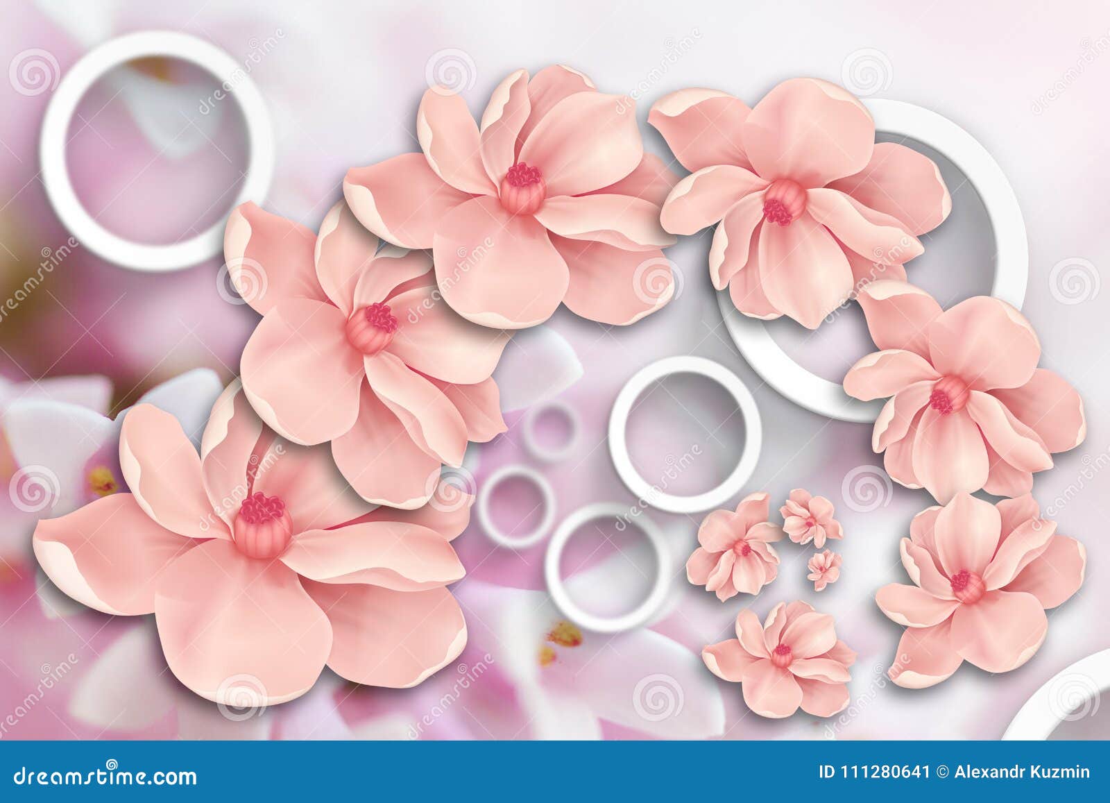 floating flowers. stereoscopic photo wallpaper for interior. 3d rendering.