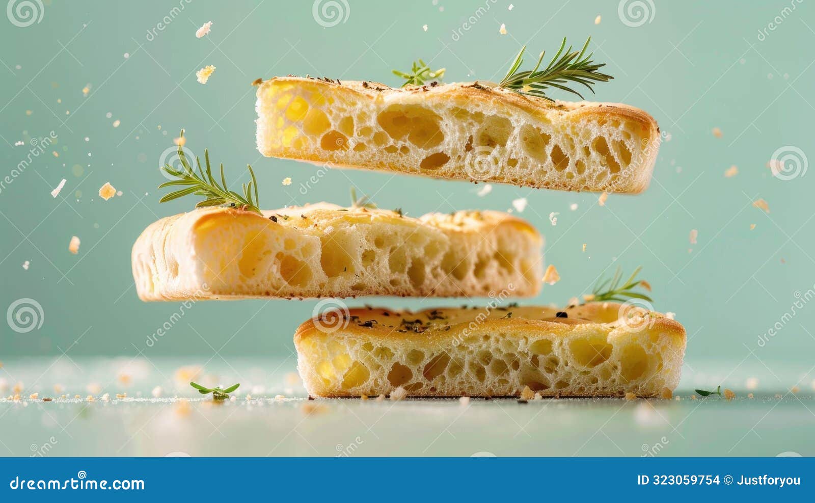 floating focaccia slices with rosemary. generative ai