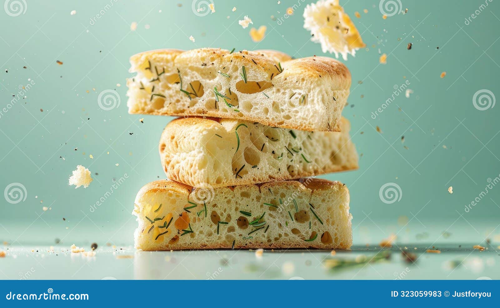 floating focaccia slices with rosemary. generative ai