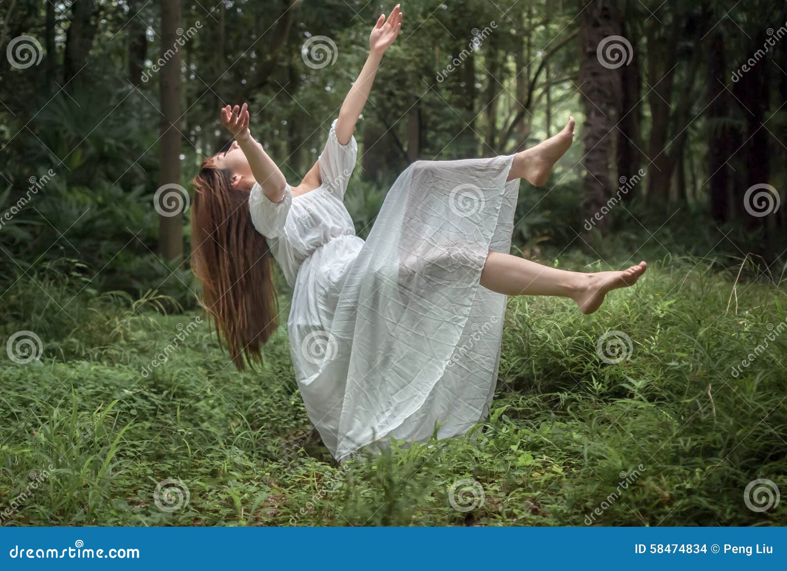 floating girl in forest