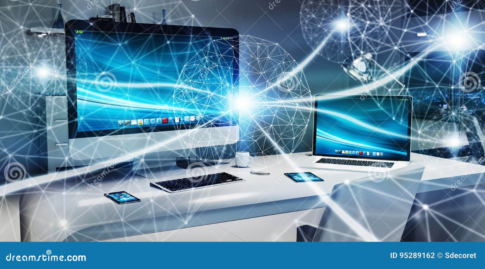 Floating Glowing Dot Network on Desktop 3D Rendering Stock Illustration