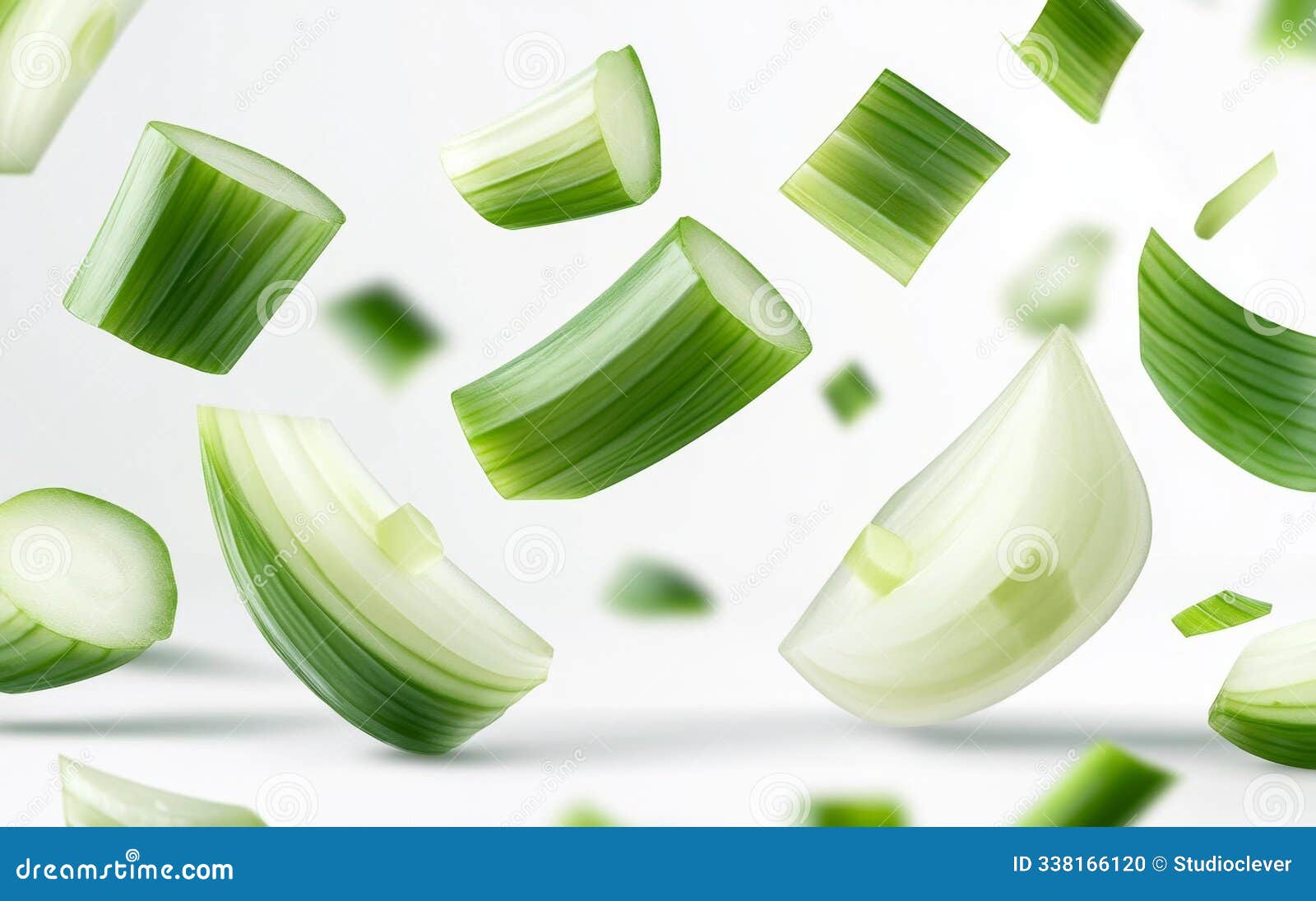 floating green onion chunks in midair generative ai