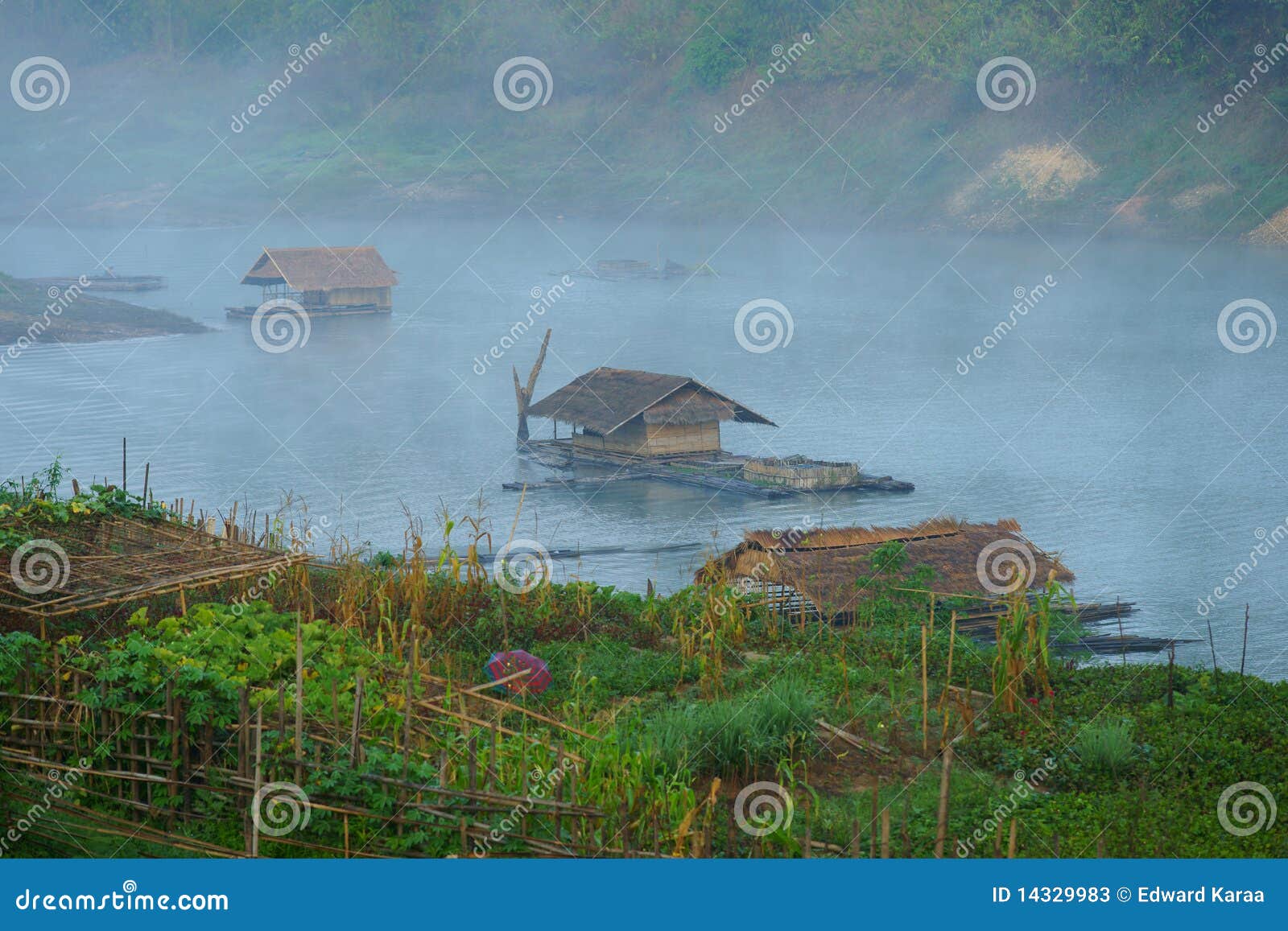 floating houses, mon village, bathing in fog.