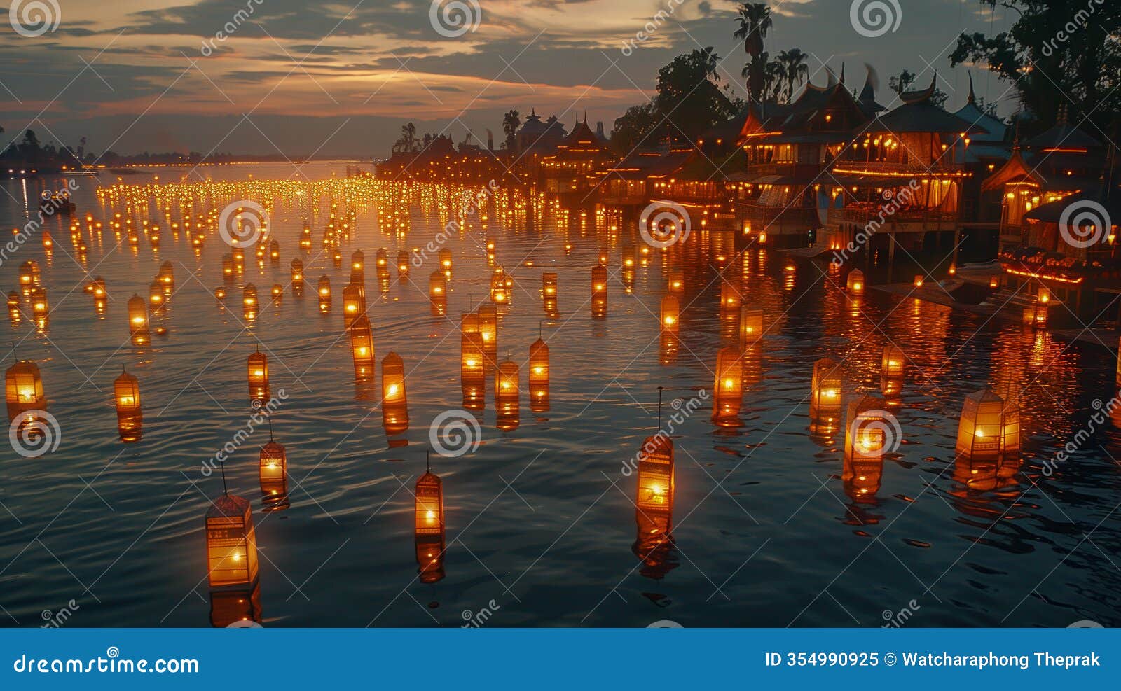 floating lantern festival on a serene river at dusk