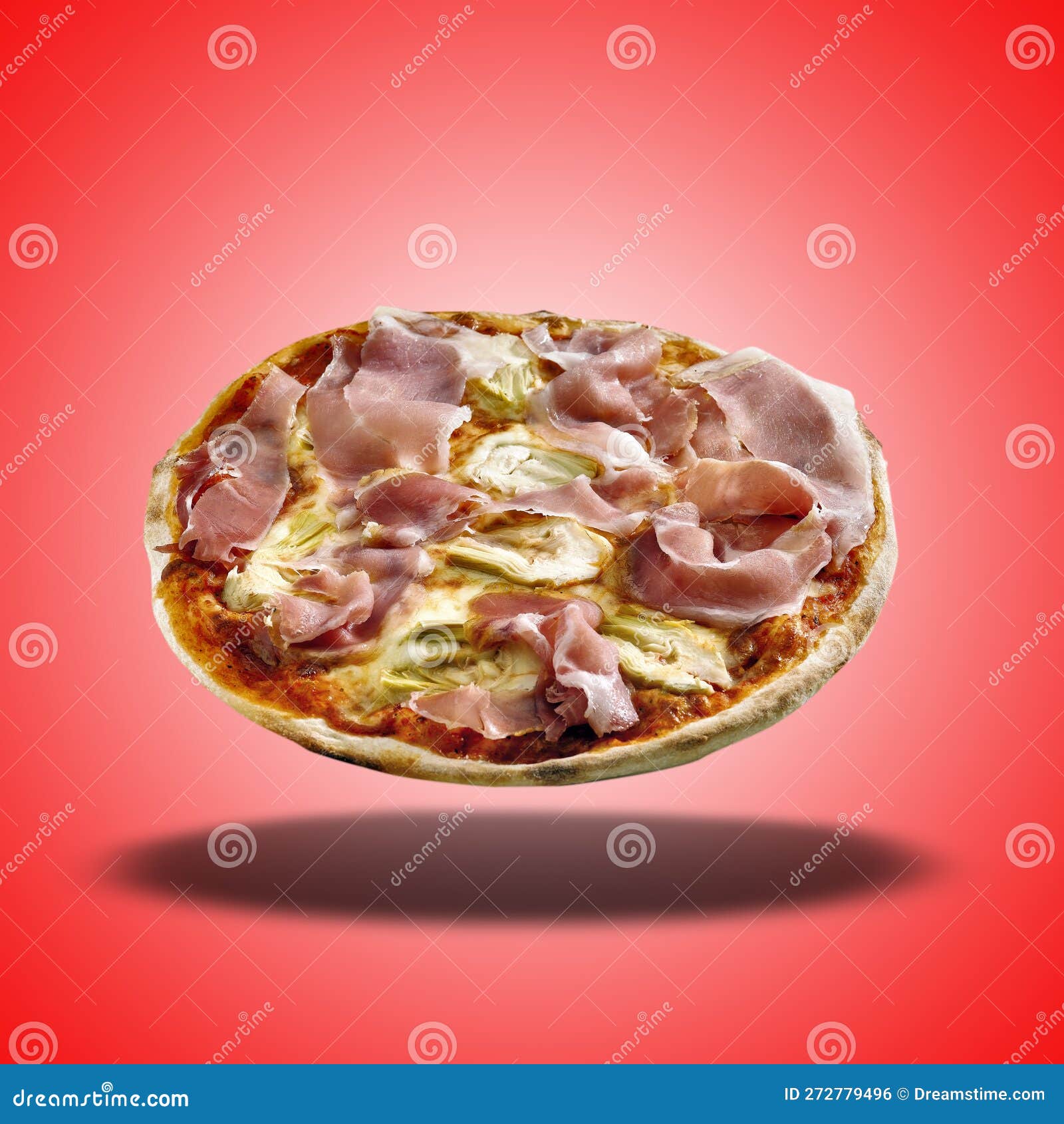 floating pizza fantasia on red radial gradient