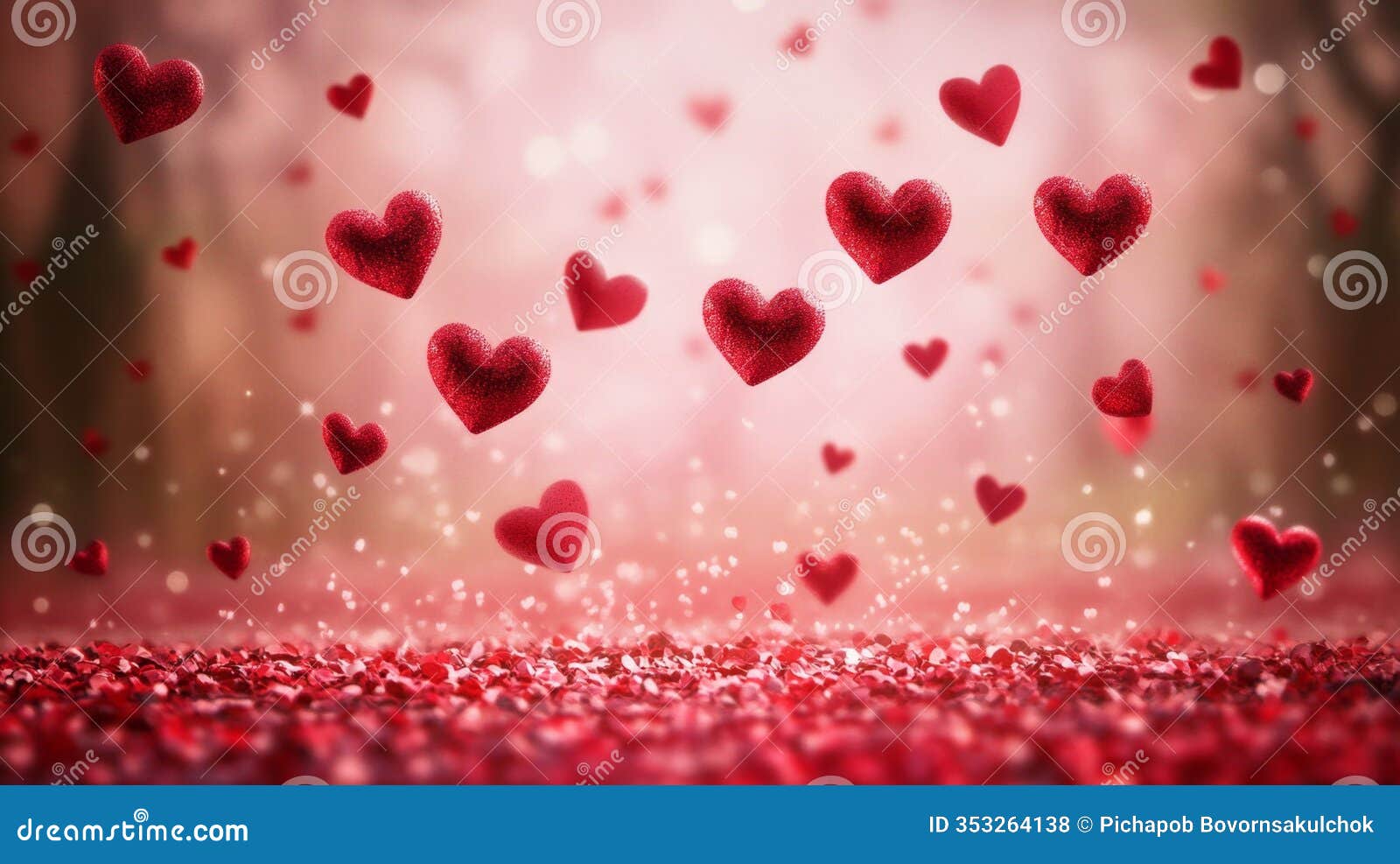 floating red hearts on a dreamy pink background for romance themes