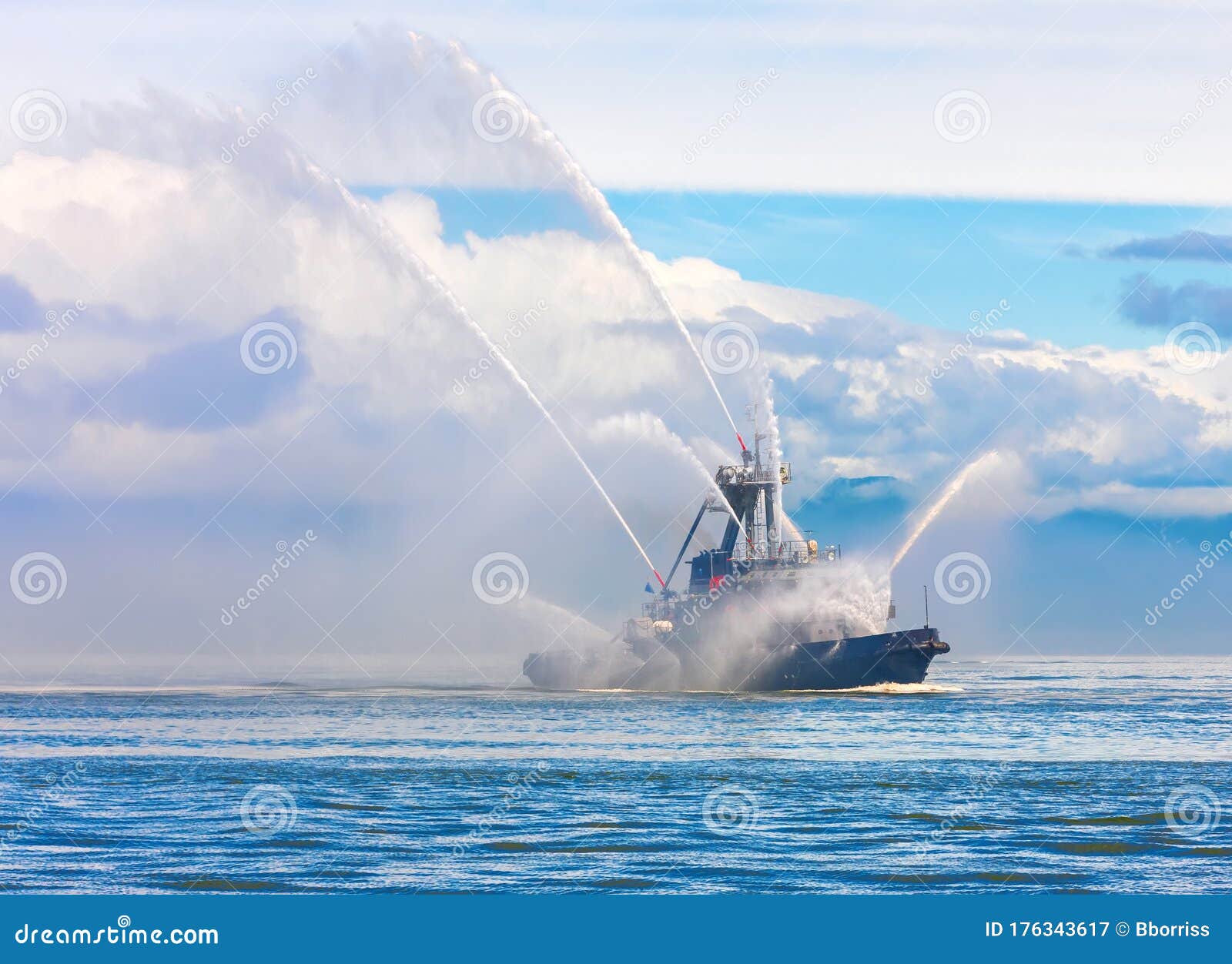 Floating Tug Boat is Spraying Jets of Water Stock Image Image of