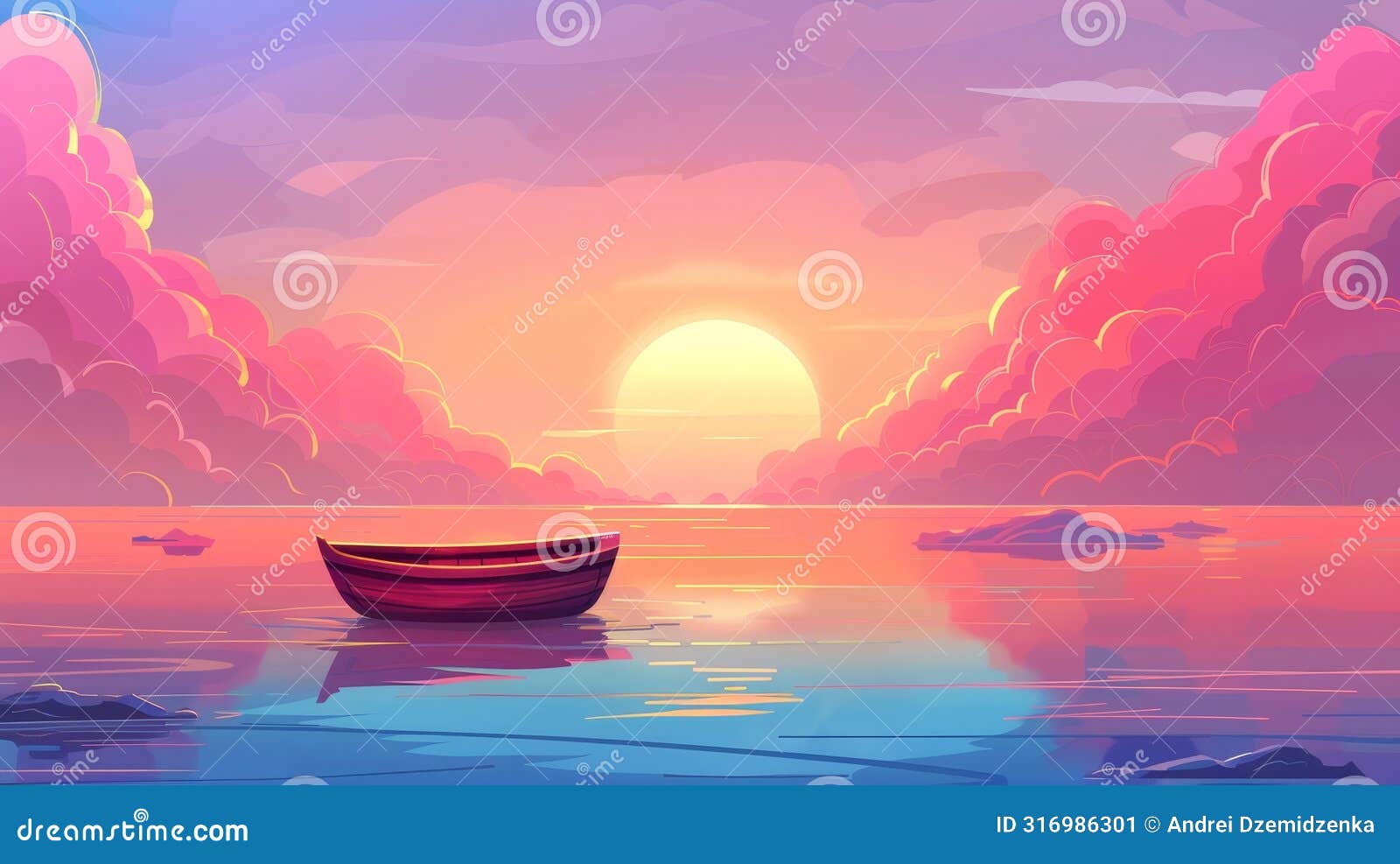 floating wooden skiff floating under pink sky on calm water surface, sidescroller for game, cartoon modern .