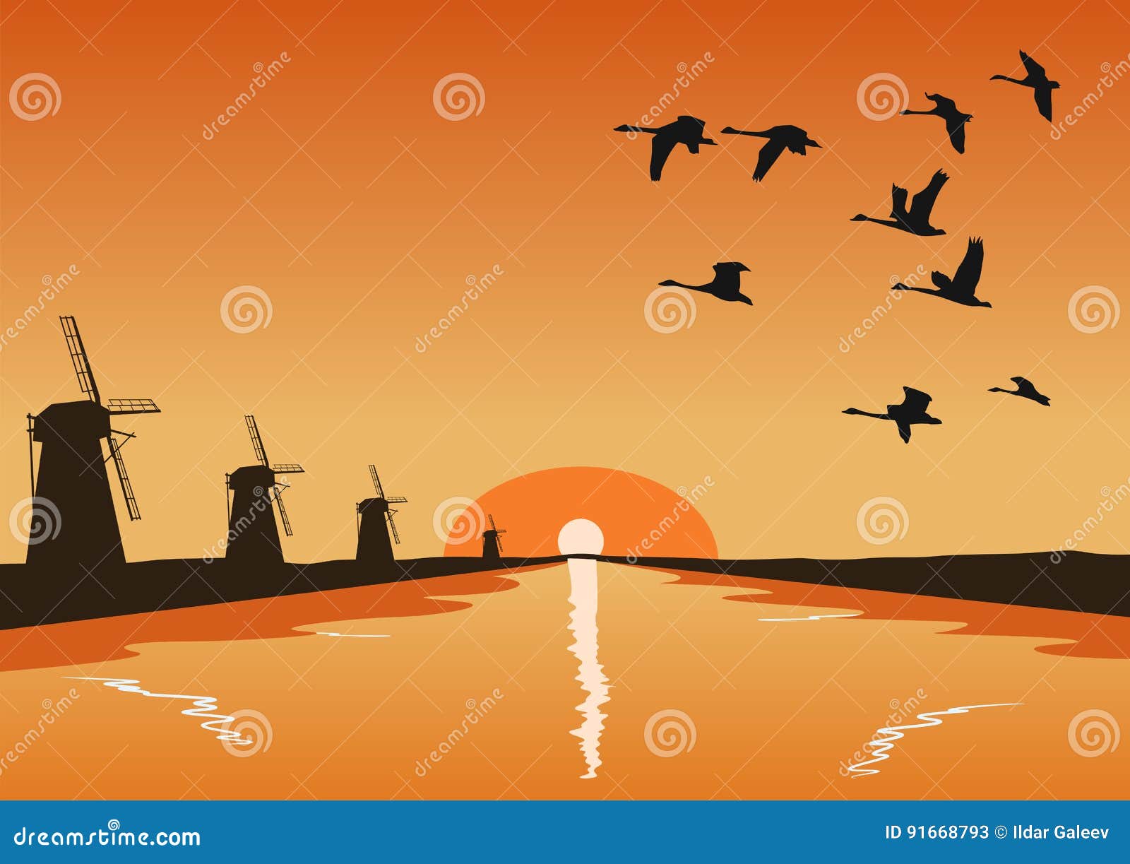 flock of geese flying over river with mills at sunset