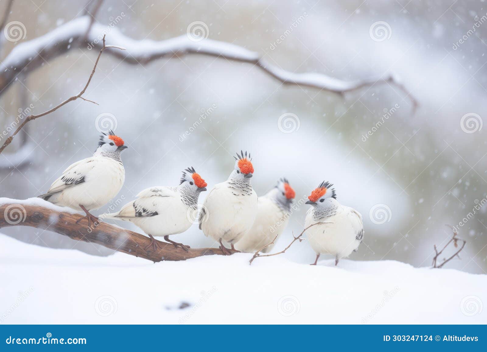 flock of ptarmigans foraging in snowfall