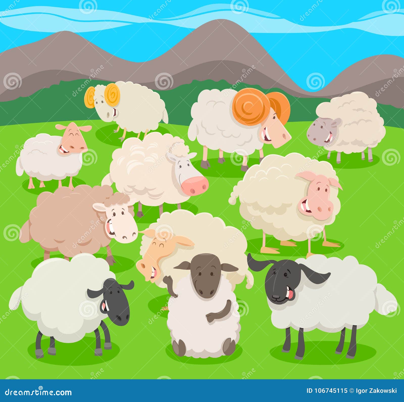 Flock of Sheep Characters Cartoon Illustration Stock Vector - Illustration  of farm, mountain: 106745115