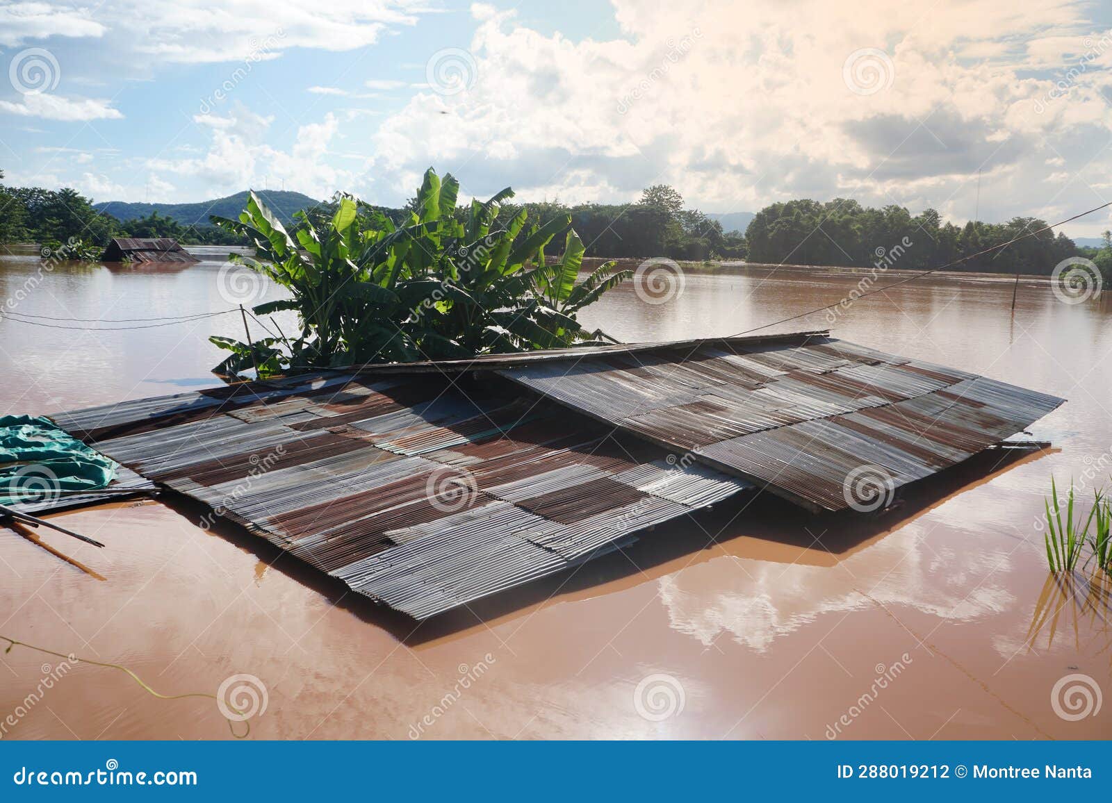 flood water to the edge of the house's roof in thailand. el niÃ±o and la niÃ±a phenomena.