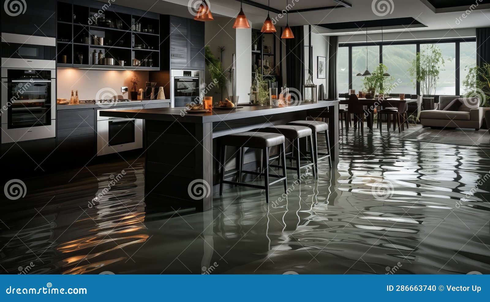 Flooded Floor in Kitchen from Water Leak. Generative AI. Stock