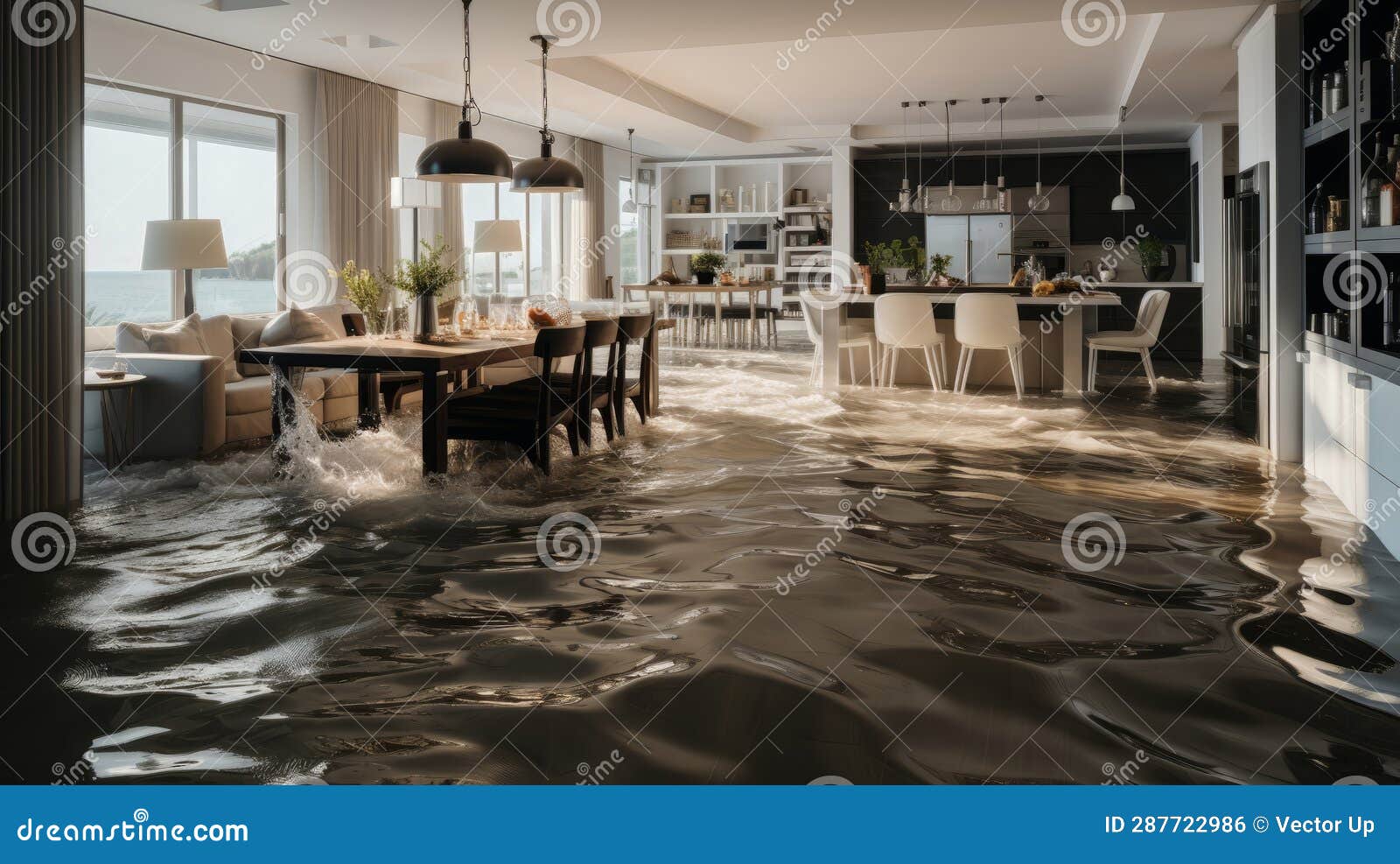 Flooded Floor in Kitchen from Water Leak. Generative AI. Stock