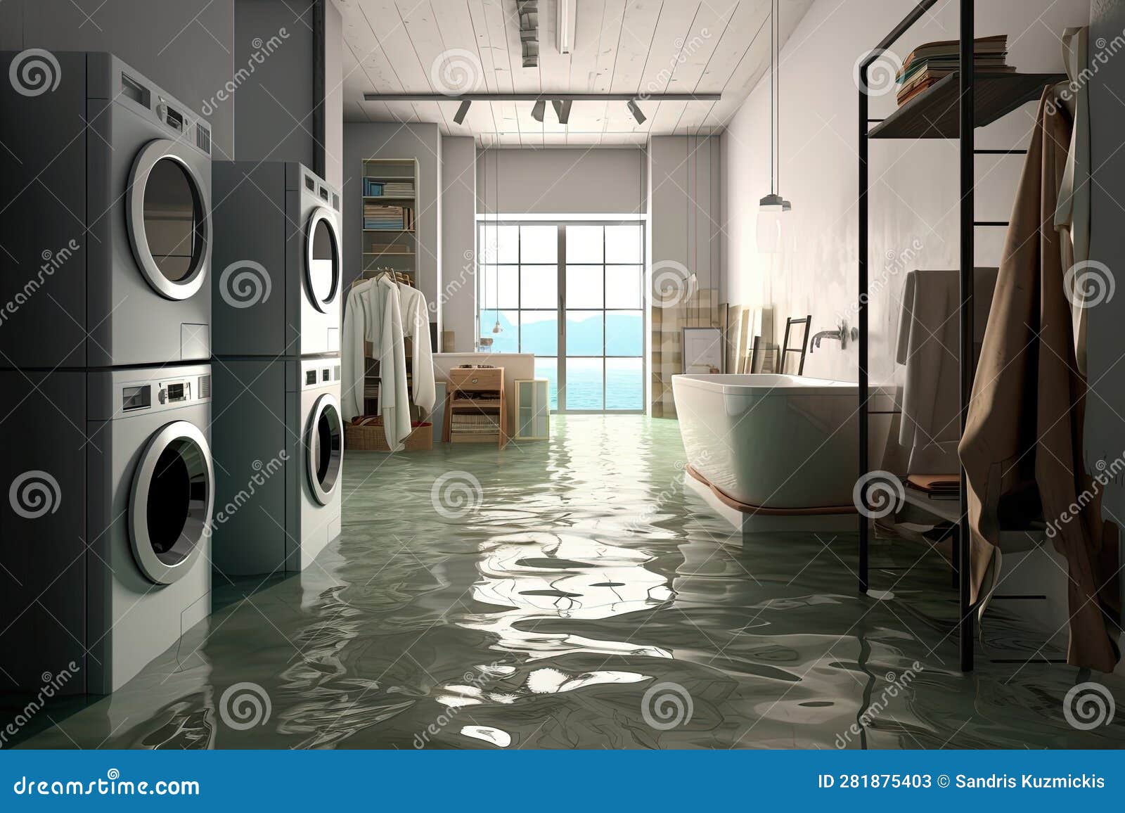 Flooded Modern Bathroom with Washing Mashines. Generative AI Stock