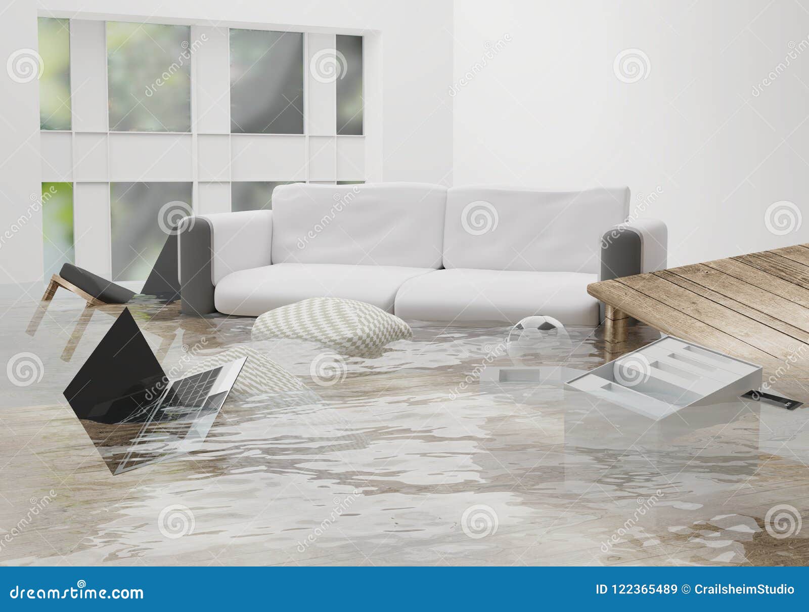 flooded water damage due to flooding in the house 3d-