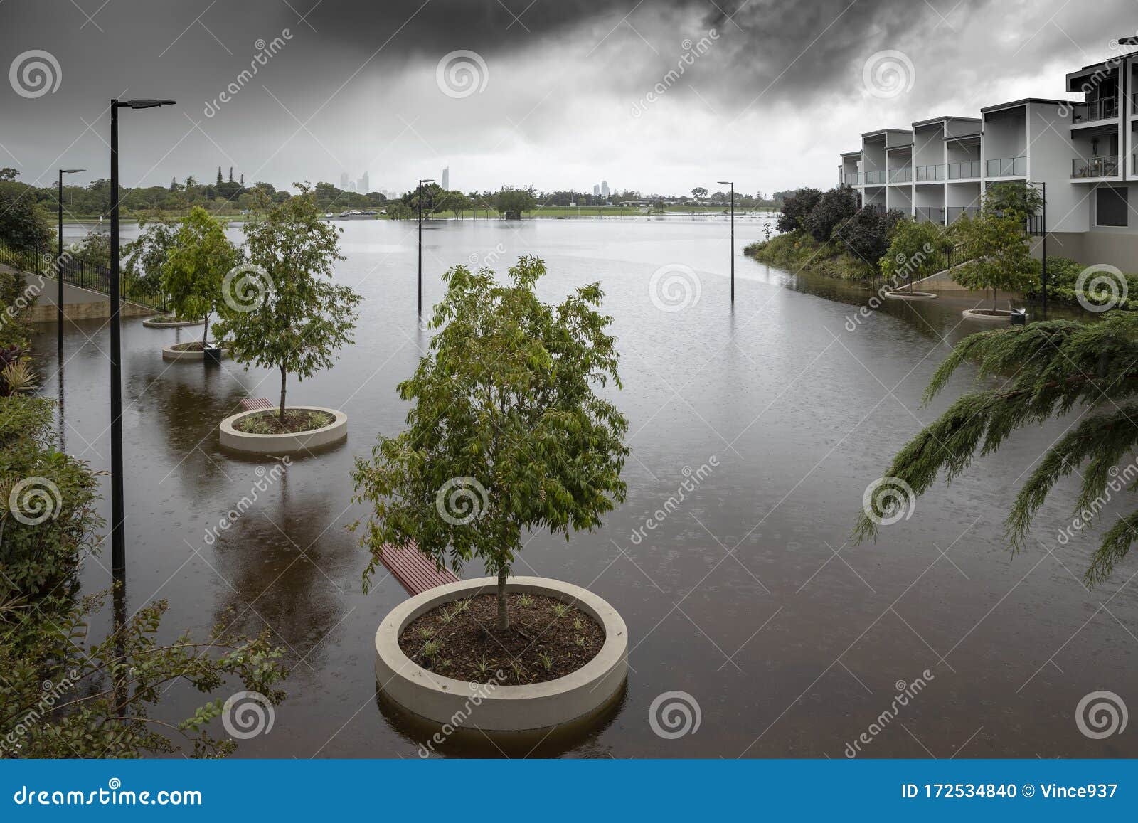 flooding caused from constant rain on the gold coast, queensland, australia