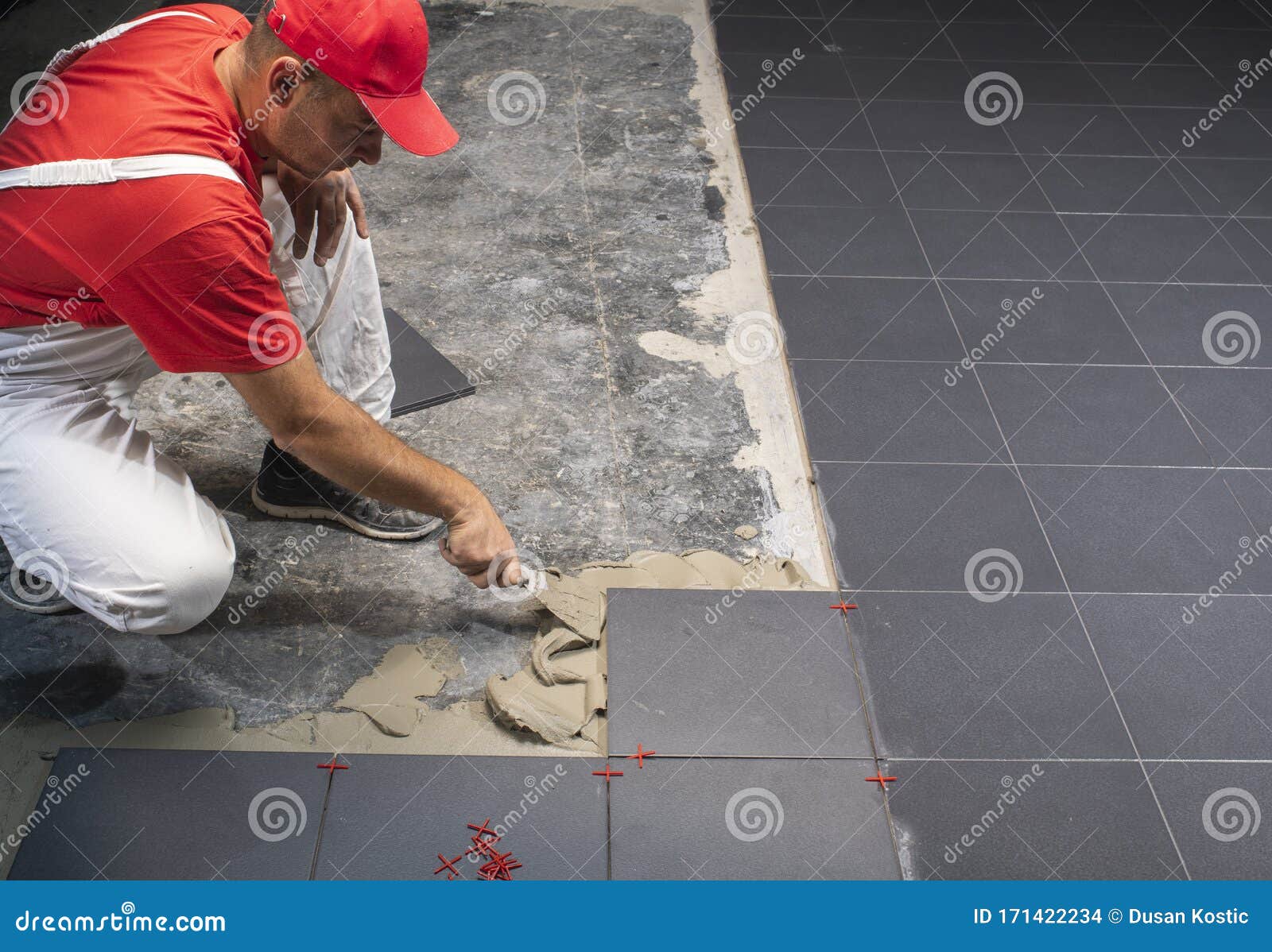 Floor Ceramic Tiles Installation. Create, Arranging Stock Photo Image
