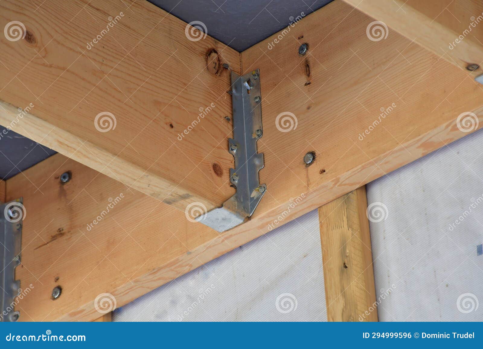 Floor Joist Galvanized Hanger Wood Beam Installation. Stock Photo