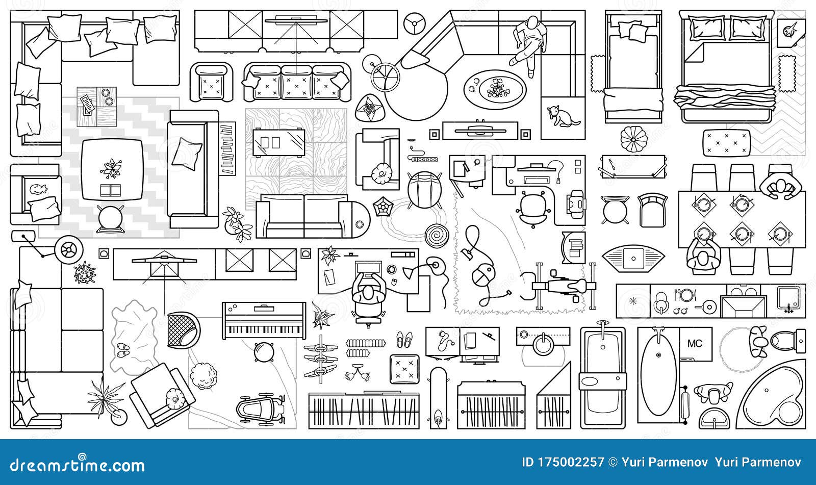 floor plan icons set for  interior and architectural project view from above. furniture icon in top view. 